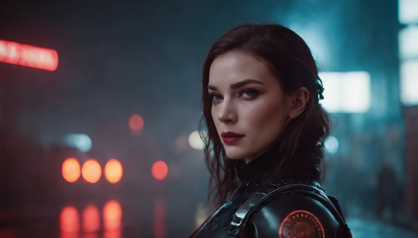 There's a cyborg woman with cyborg elements on her face standing in a cyberpunk city alley at night, darksynth aesthetic, red neons, beautiful woman, haze, foggy night, horror cyberpunk, noir aesthetic, sci fi thriller aesthetic, ultra detailed, photorealistic.