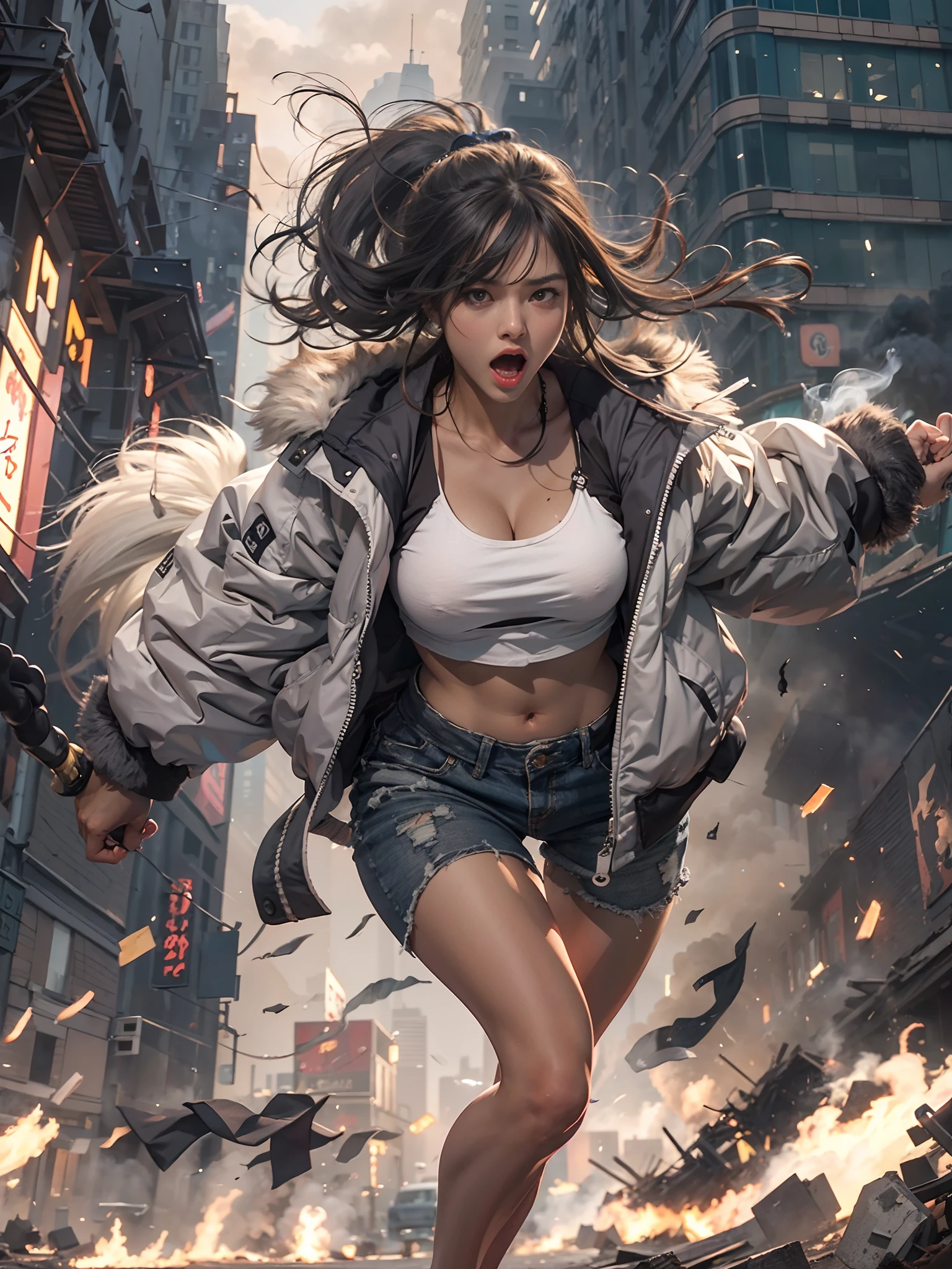 Giant Akari in crop top and jacket, Barefoot, a beauty girl、beautiful countenance、huge tit、beauty legs、well-muscled、athletic bodies, gts city, city buildings, Smoke coming from a broken building, Confront evil black smoke and assimilating monsters、Screaming and fighting、Fighting face、fighting poses