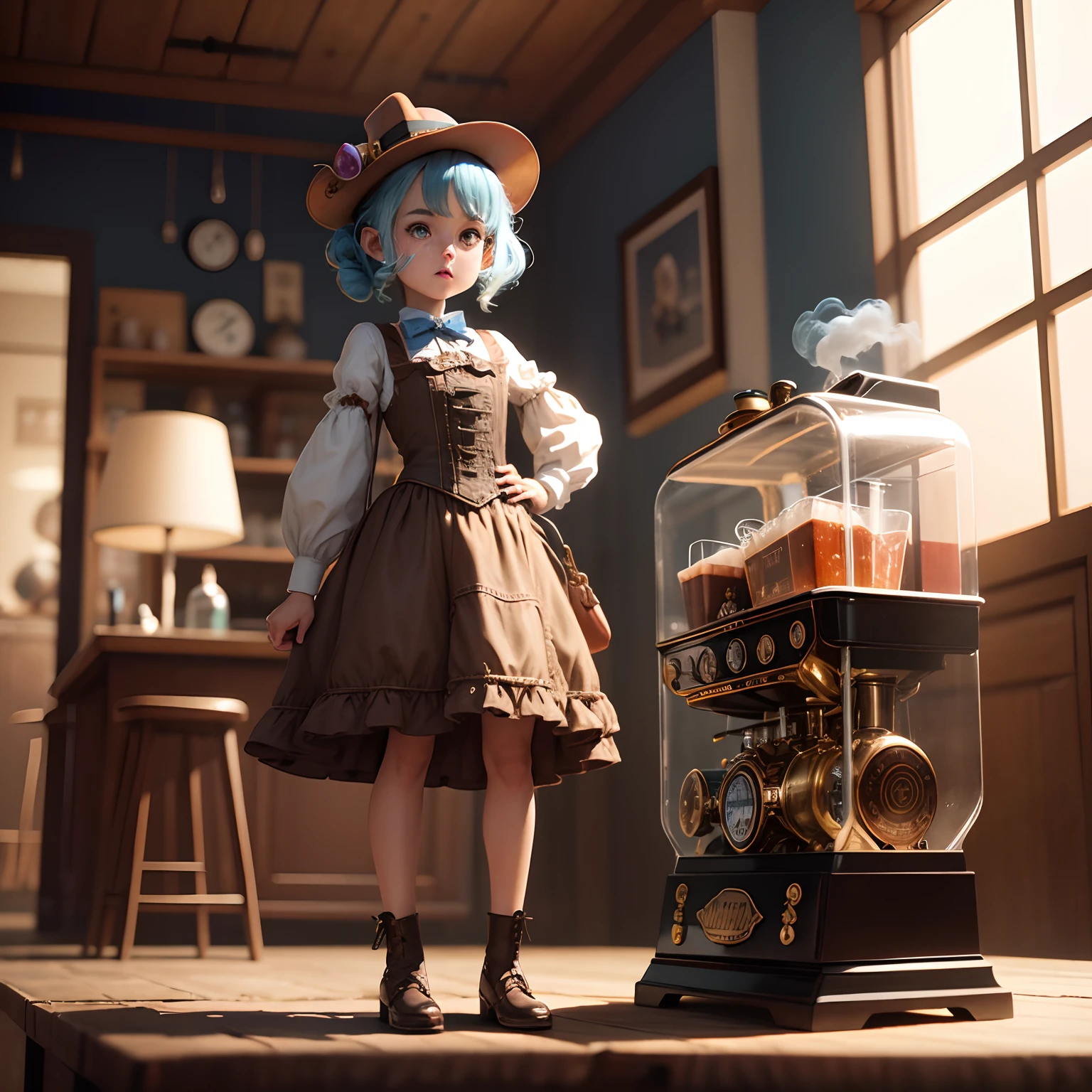 Mesa de brinquedo vintage americana em miniatura, Menina estilo Steampunk, gelado, Micro coffee machine, Liquid fluids, smoke billowing, Pequeno fantasma, Award-Standing, melhor qualidade, luzes do filme, Award-Standing, melhor qualidade, Ultra HD |, Ultra HD |, multi- view, Award-Standing, melhor qualidade, alta qualidade  , Pixar, estilo anime, Pixar, estilo anime, Bauhaus, Detalhes altos, Detalhes altos, alta qualidade