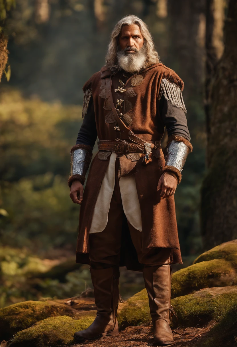 Realistic, 4k, Anjos com asas grandes, Hawk, linen shirt and wool trousers, ambas tingidas com tons naturais,Wool cover, escudo, Bosque das Almas. uma espada, Head hood on war background image (reino fantasia)