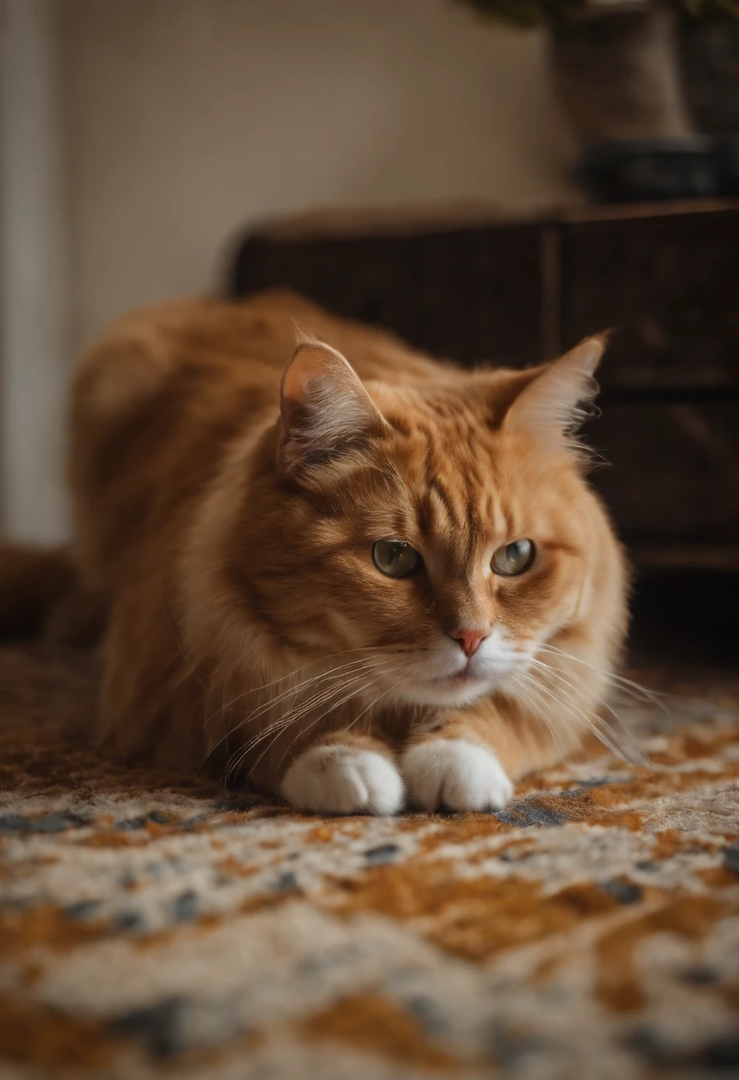fat cat lying on the carpet from eating too much