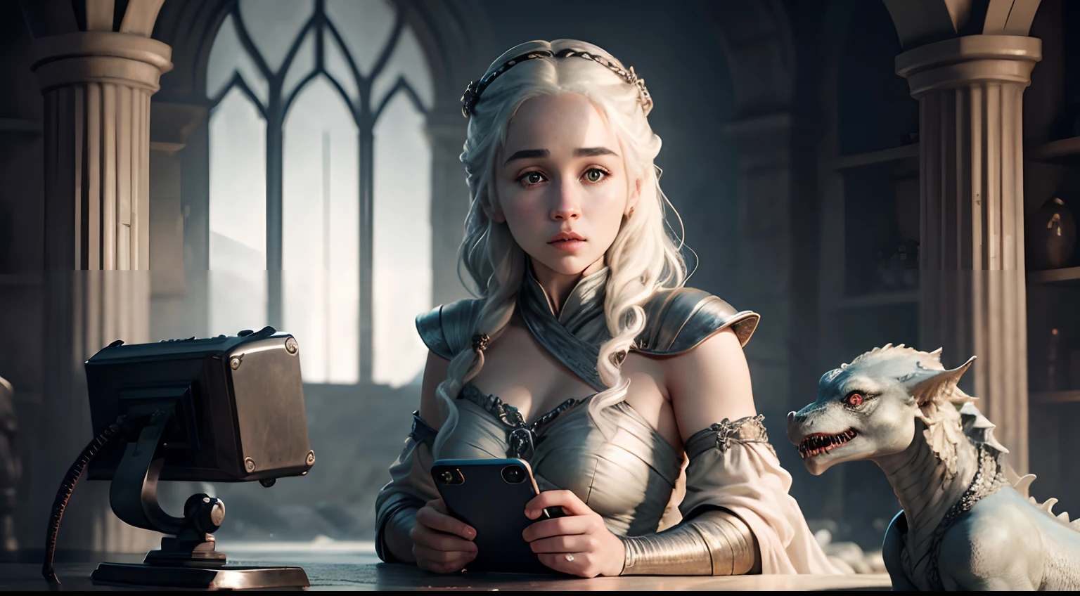 Daenerys - Mother of Dragons Holding an Old Cell Phone.