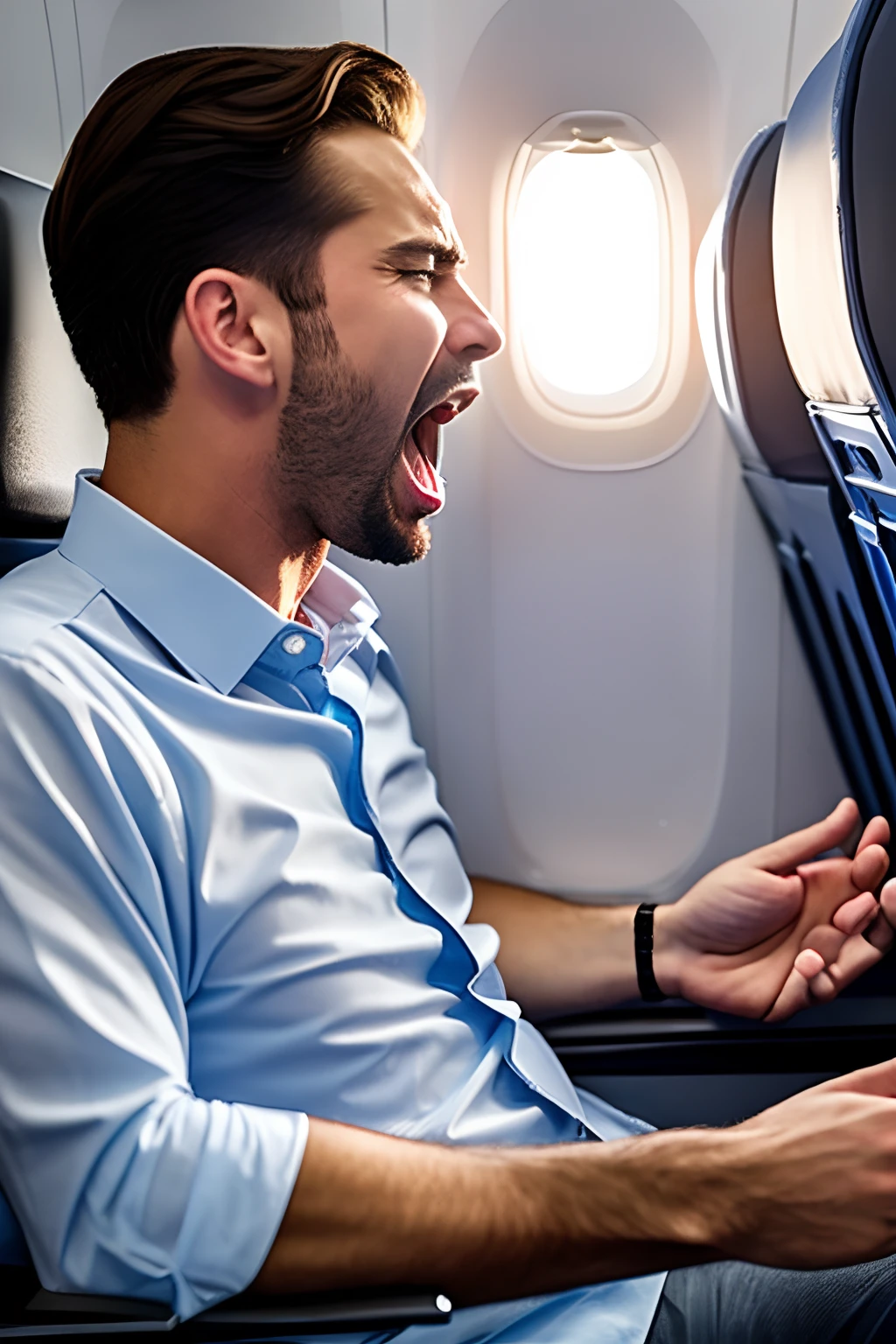 a man shouting, in the airplane cabin, clear face