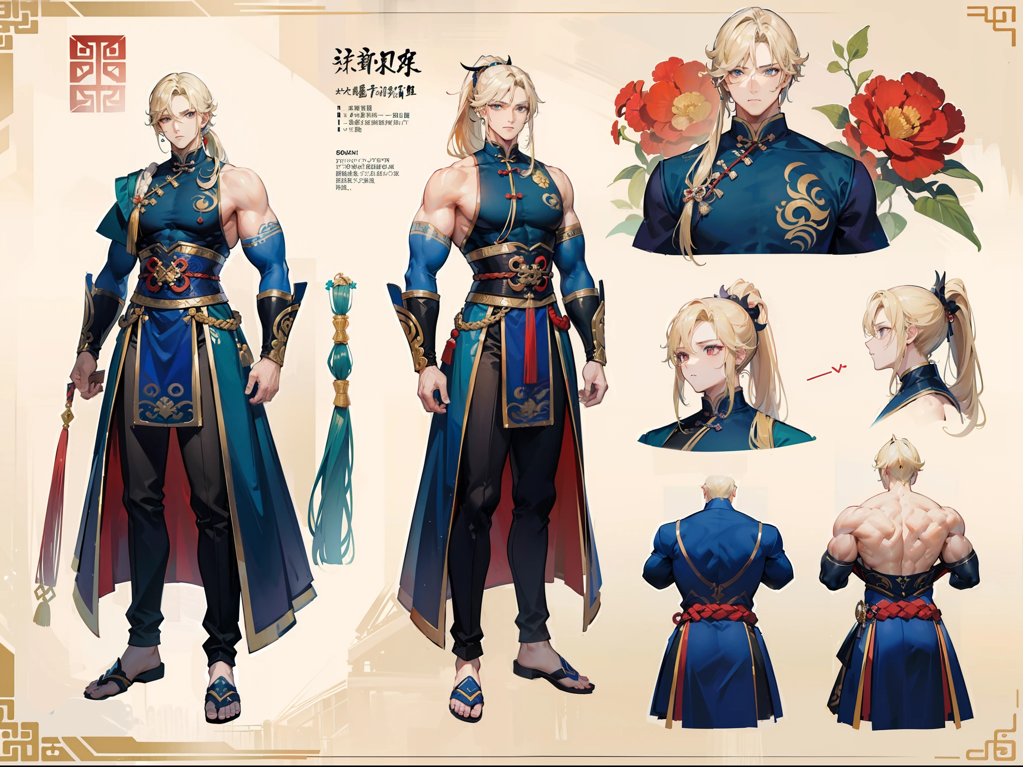 ((Masterpiece, Highest quality)), Detailed face, character design sheet， full bodyesbian, Full of details, frontal body view, back body view, Highly detailed, Depth, Many parts, Muscle boy with ponytail long blonde hair，handsome man, muscle body, Traditional chinese clothes, Genshin Impact, man tall, pectoral muscles, abs