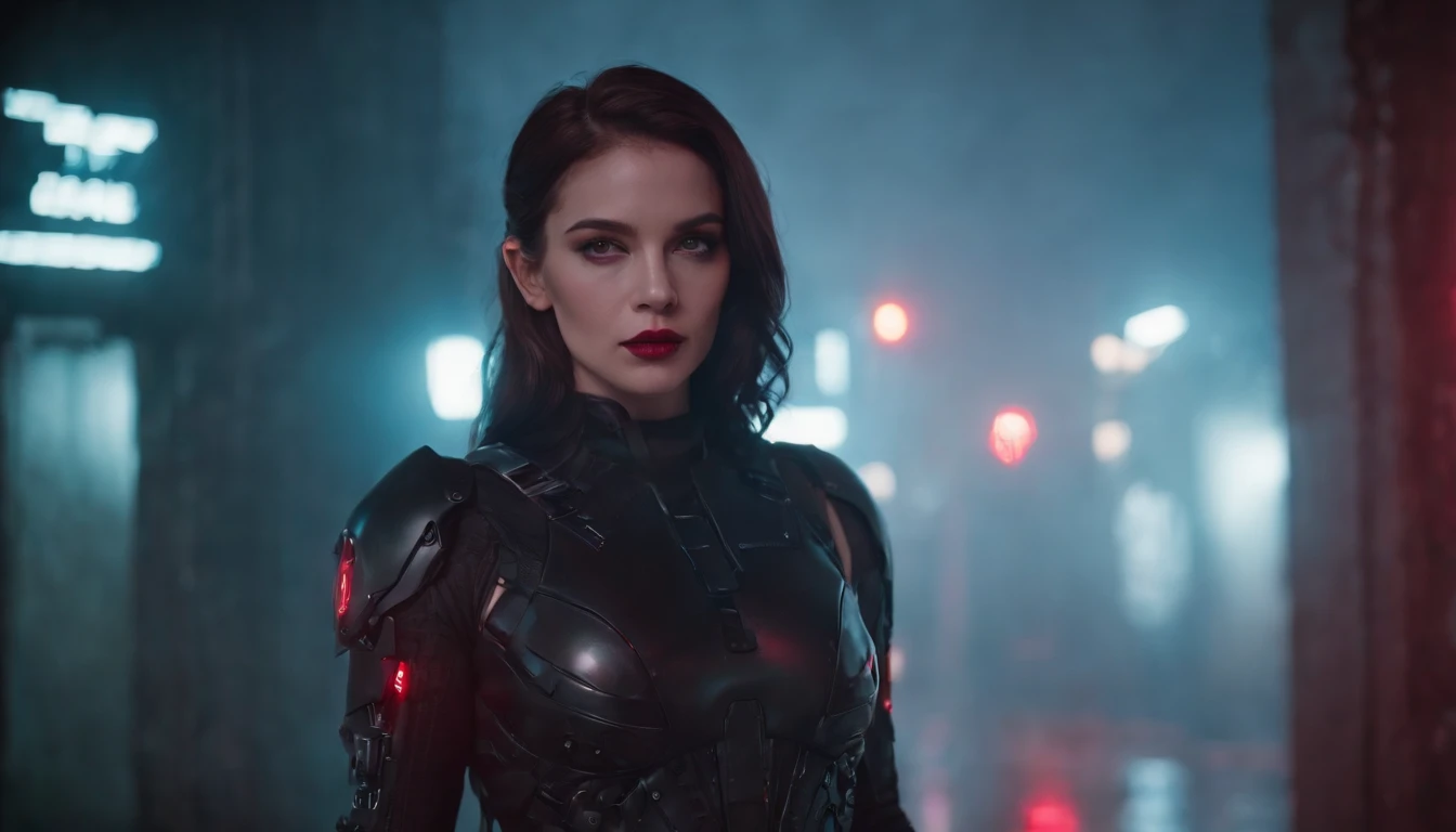 There's a cyborg woman with cyborg elements on her face standing in a cyberpunk city alley at night, darksynth aesthetic, red neons, beautiful woman, haze, foggy night, horror cyberpunk, noir aesthetic, sci fi thriller aesthetic, ultra detailed, photorealistic.