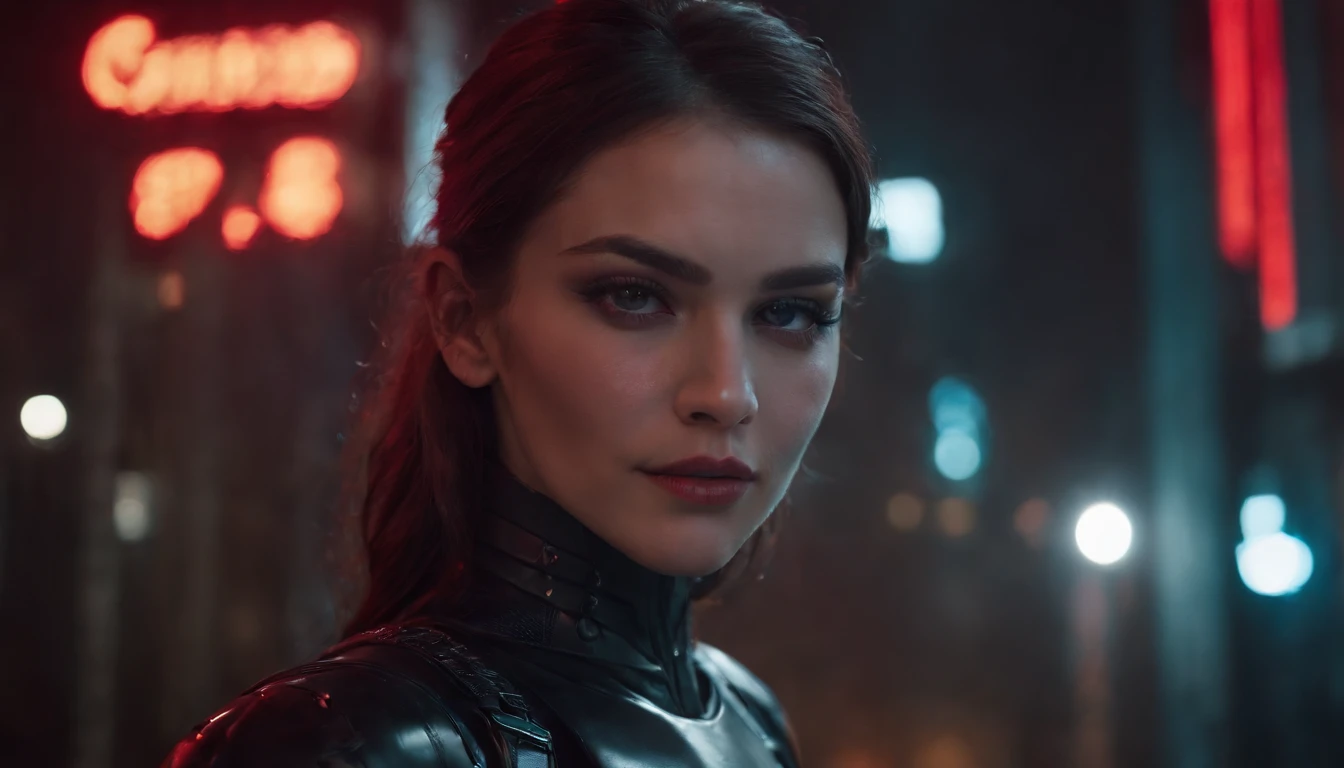 There's a cyborg woman with cyborg elements on her face standing in a cyberpunk city alley at night, darksynth aesthetic, red neons, beautiful woman, haze, foggy night, horror cyberpunk, ???? aesthetic, sci fi thriller aesthetic, ultra detailed, photorealistic.