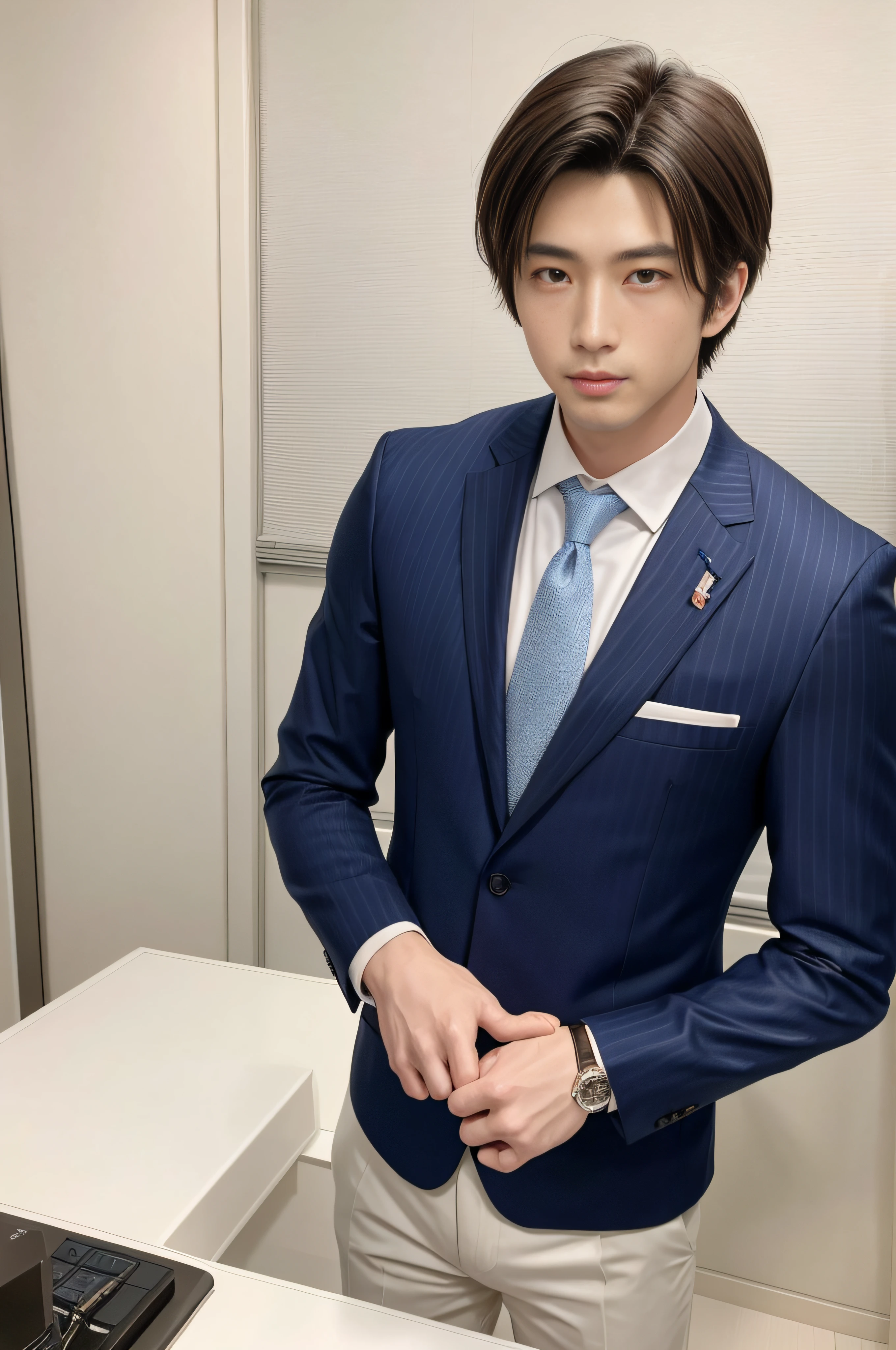 23years old、Men in Japan、1人、businessman、Standing with arms crossed、Confident face、Ultra-luxury suits、Striped suit、　s Office、Wearing a suit、twinks、（Highly detailed photos in 8K）、（Very detailed handsome man）、beautidful eyes、Photo Real、（top-quality）、ultra-detailliert、​masterpiece、An ultra-high picture quality、tall、Very beautiful hair、Bright photo、modeled、idol、luxury watch、