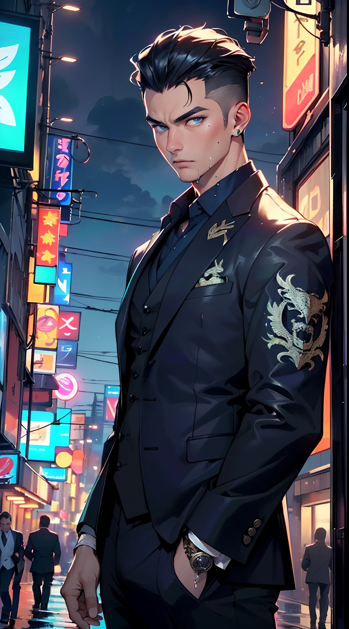 man:1.5,1 man,businessman man,(((1man))),((man with black short hair)),

(((1male,man:1.5,handsome man,male,male gender:1.5,male focus))),macho man,attractive villain,evil villain,

((slicked back hair, slicked back hair,black short haircut,)),(((lustrous skin:1.5,tanned skin,bright skin: 1.5,skin tanned,shiny skin,very shiny skin,shiny body,illuminated skin))),(((blue_eyes:1.2))),intricate eyes,beautiful detailed eyes,symmetrical eyes,((man chest)),handsome face,((muscular)),male jaw,(((detailed face))),

manly,nsfw,

cyberpunk businessman, ((Business suit:1.5)), futuristic businessman,((bulge in pants)),((dark purple and black suit:1.2)),(elegant suit),((wet clothes,intricate outfit,intricate clothes,intricate suit,ornate outfit,ornate clothes,ornate suit,embroidered outfit,embroidered clothes,embroidered suit,dragon embroidery)),

(dynamic pose:1.0),solo focus,((smug)),(centered,scale to fit dimensions,Rule of thirds),

cyberpunk city by the ocean at night, with bright neon signs and dark stormy clouds and puddles, scenery:1.25,

highres, sharp focus, (ultra detailed, extremely detailed), (photorealistic artwork:1.37),(extremely detailed CG unity 8k wallpaper),((synthwave background theme)),(((vibrant colors))),(intricate background),(masterpiece),(best quality),