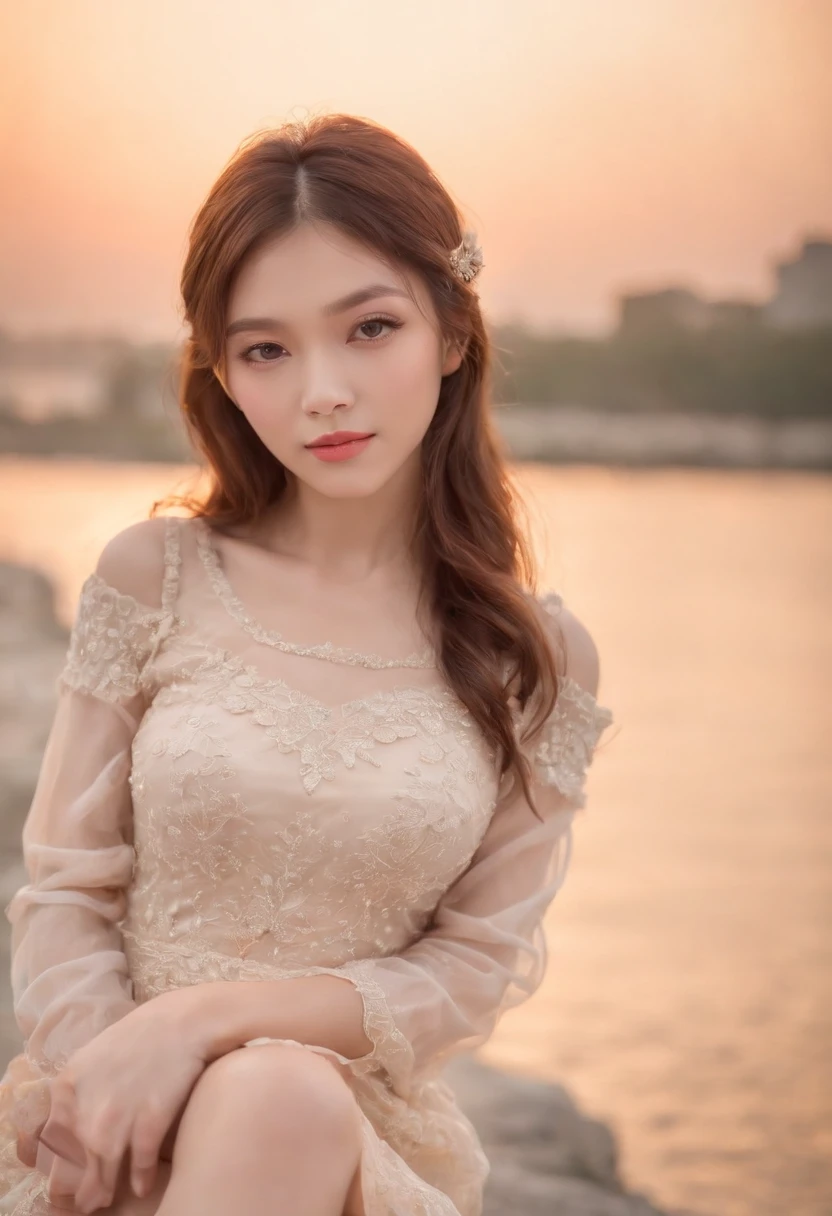 Masterpiece,Ultra Top Quality,Realistic,16k raw photo,Ultra Detailed,Thin and slender girl,All poses)).Beautiful face,Wearing a party dress,Party dress,blurry_light _Background,medium) round breasts,detailed and perfect body,perfect hands,thick thighs,Vietnamese woman,looking at viewer,background scenery,long hair,exposed thighs,perfect hands,best lighting,natural light,HDR Lighting,plain t-shirt logo,eungirl