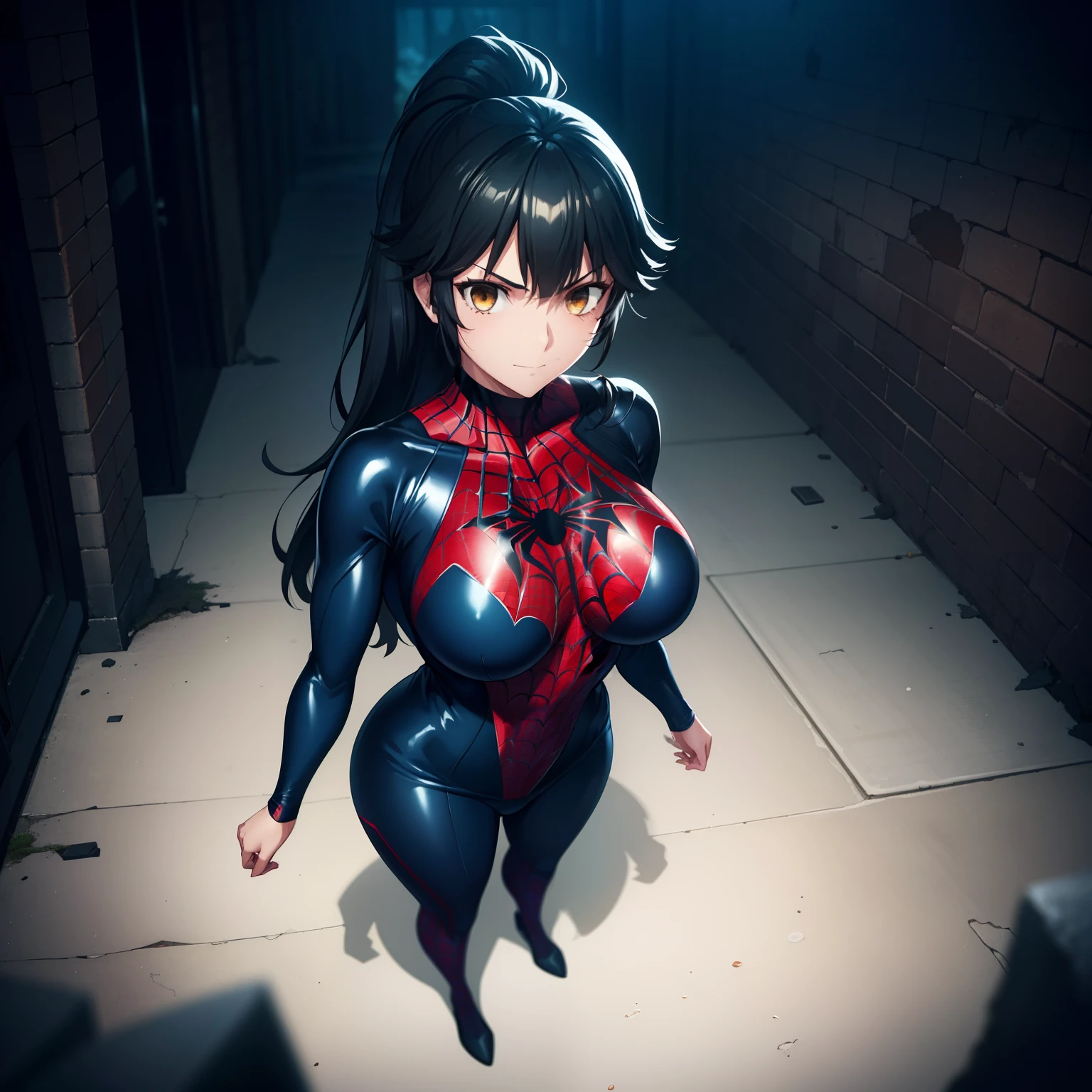 1girl,gigantic breasts,standing in ruined city,(8k),scratches,detailed face,black hair,brown eyes,long hair,embarassed,small smile face,high_res, high_definition,the battlefield,Heroic pose,dark suit,ponytail,(symbiote spider man Custome:1.1),