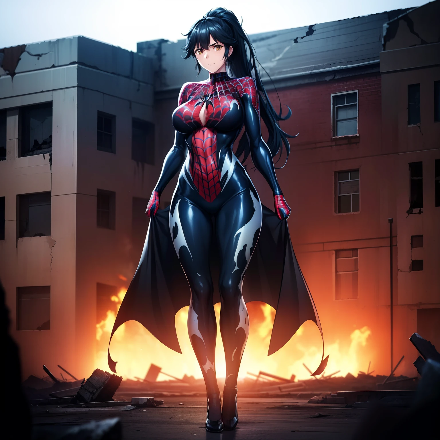 1girl,gigantic breasts,standing in ruined city,(8k),scratches,detailed face,black hair,brown eyes,long hair,embarassed,small smile face,high_res, high_definition,the battlefield,Heroic pose,dark suit,ponytail,(symbiote spider man Custome:1.1),