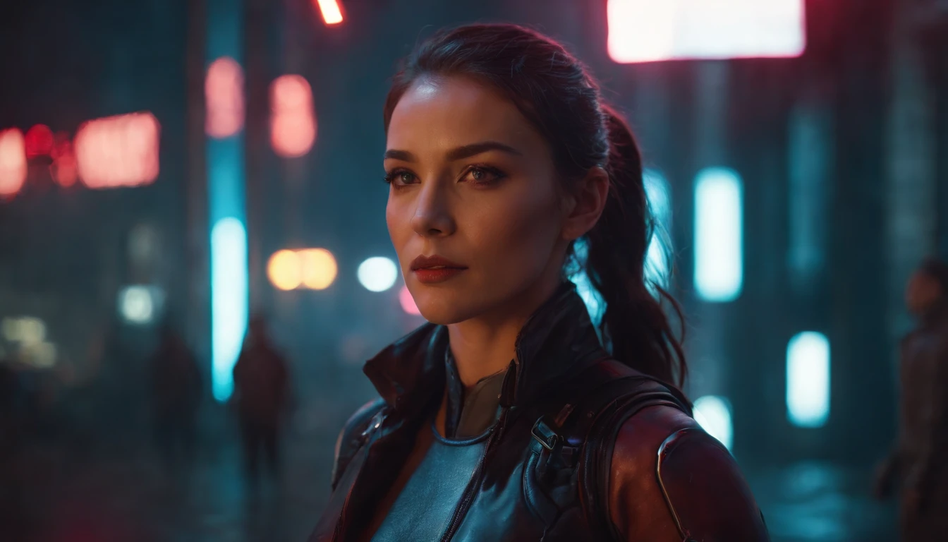 There's a cyborg woman with cyborg elements on her face standing in a cyberpunk city alley at night, darksynth aesthetic, red neons, beautiful woman, haze, foggy night, horror cyberpunk, sci fi thriller aesthetic, ultra detailed, photorealistic.