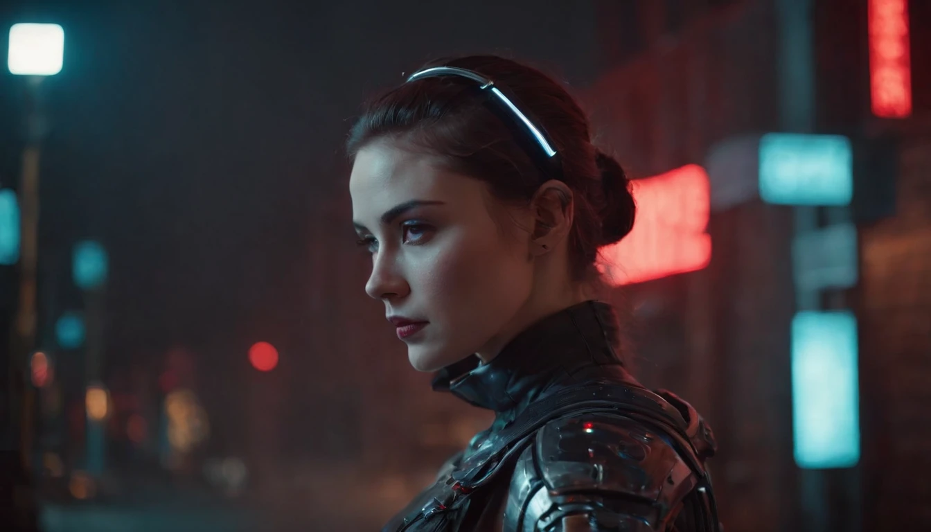 There's a cyborg woman with cyborg elements on her face standing in a cyberpunk city alley at night, darksynth aesthetic, red neons, beautiful woman, haze, foggy night, horror cyberpunk, sci fi thriller aesthetic, ultra detailed, photorealistic.