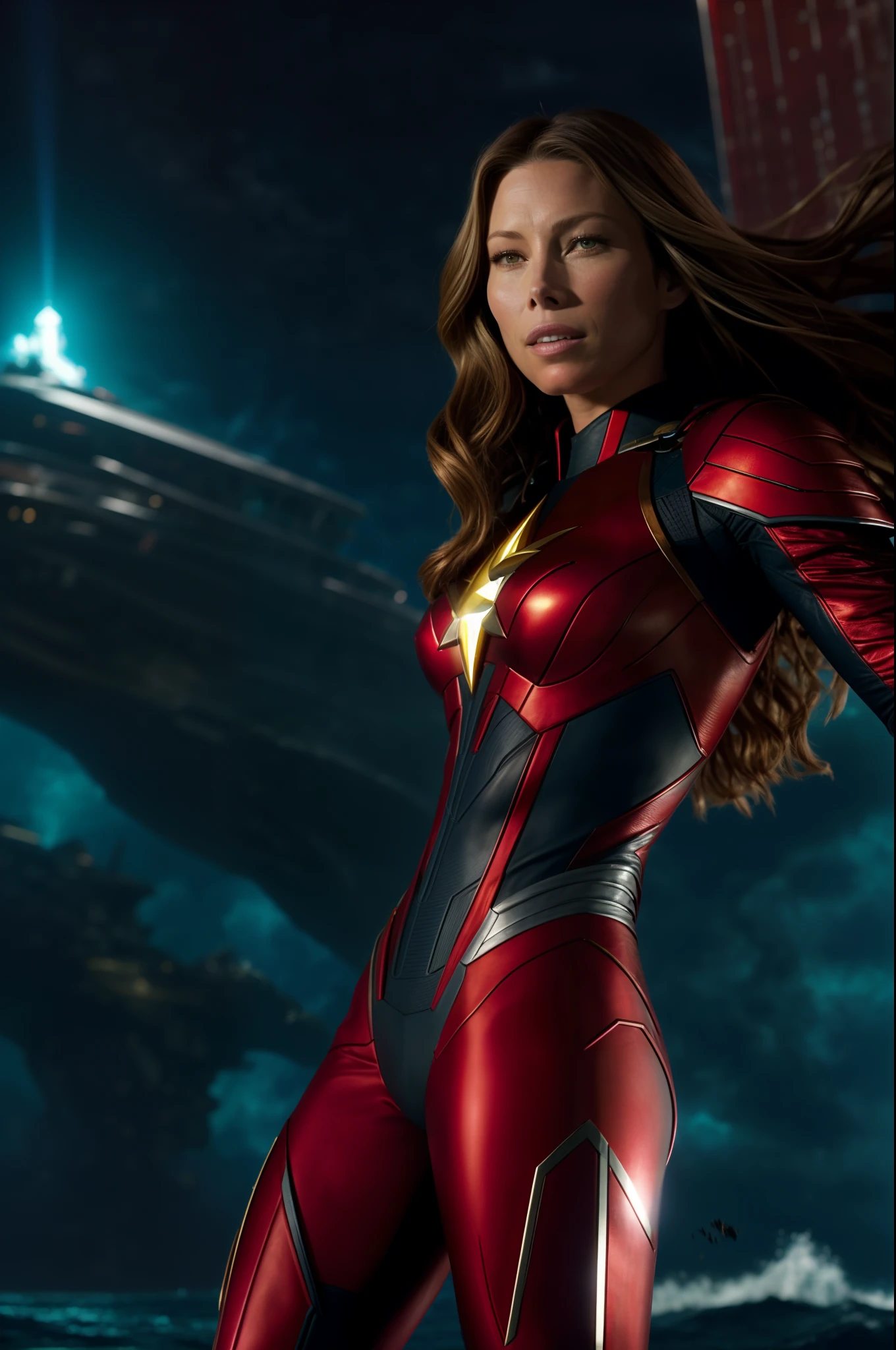 Low angle shot of Jessica biel in the Eternals movie, speedster In the ocean, MCU, superhero action pose, background of a destroyed, in a Battle, fighting, Full body, real, Tyrannical Supervillain, IMAX film, hyperrealistic, high resolution movie still, cinema lighting, atlantis light, wide red and black and silver, 8k