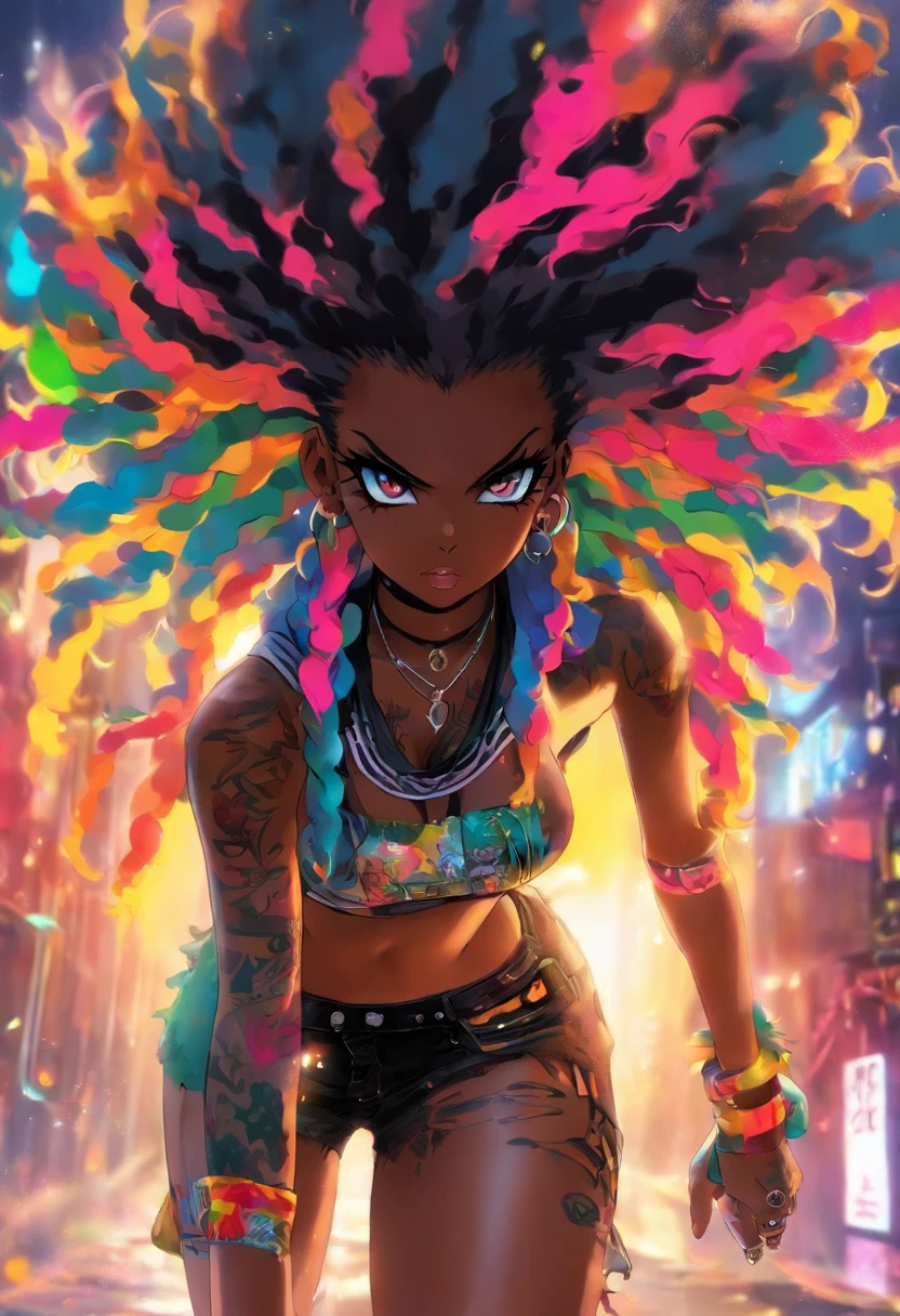 huge ass/thighs, small waist, naked sexy punk rock girl, black Afro, huge boobs, rainbow hair, yellow eyes, dark skin, High resolution