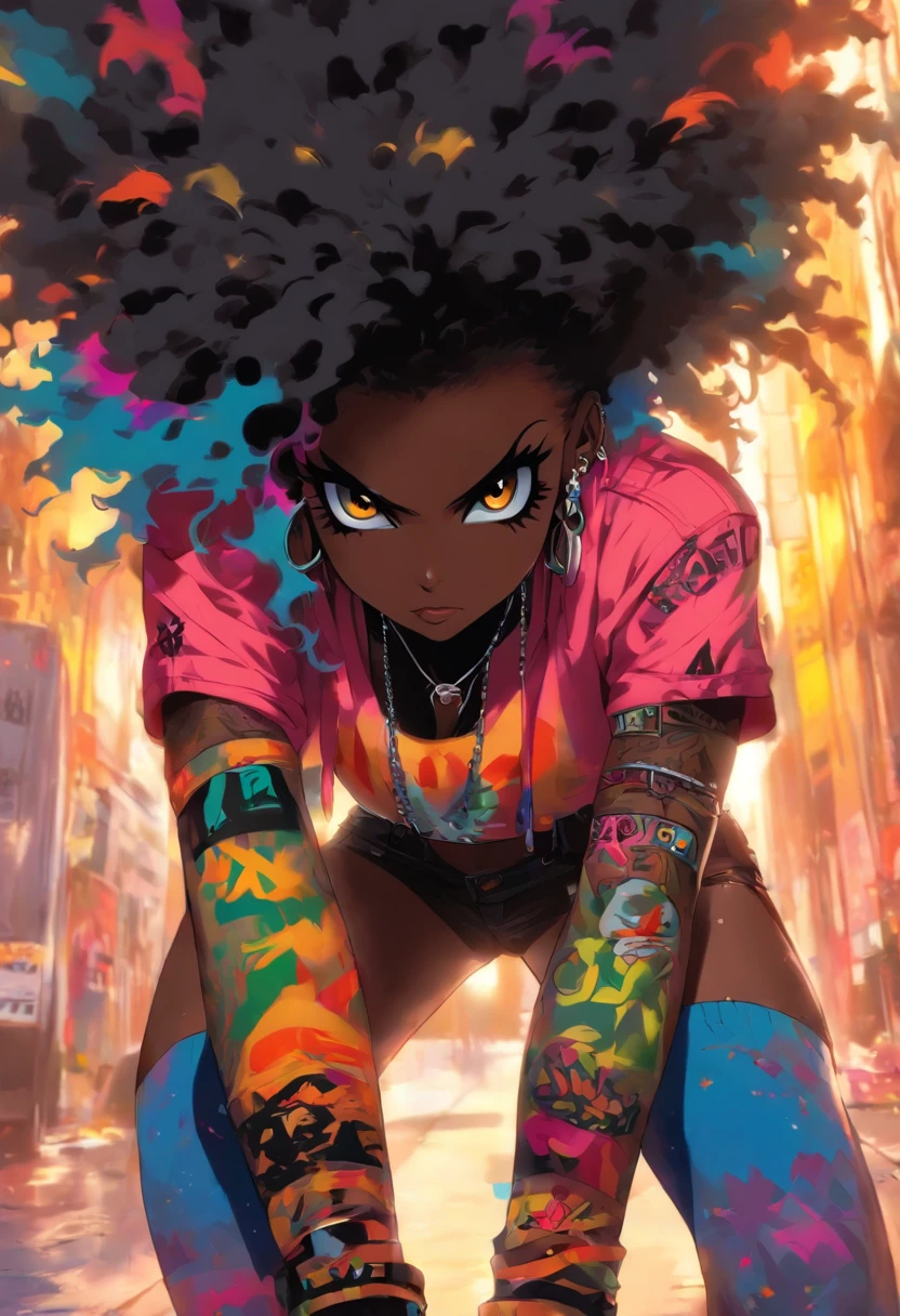 sitting down on couch in basement, pussy and nipples, huge ass/thighs, small waist, naked sexy punk rock girl, black Afro, huge boobs, yellow eyes, dark skin, High resolution