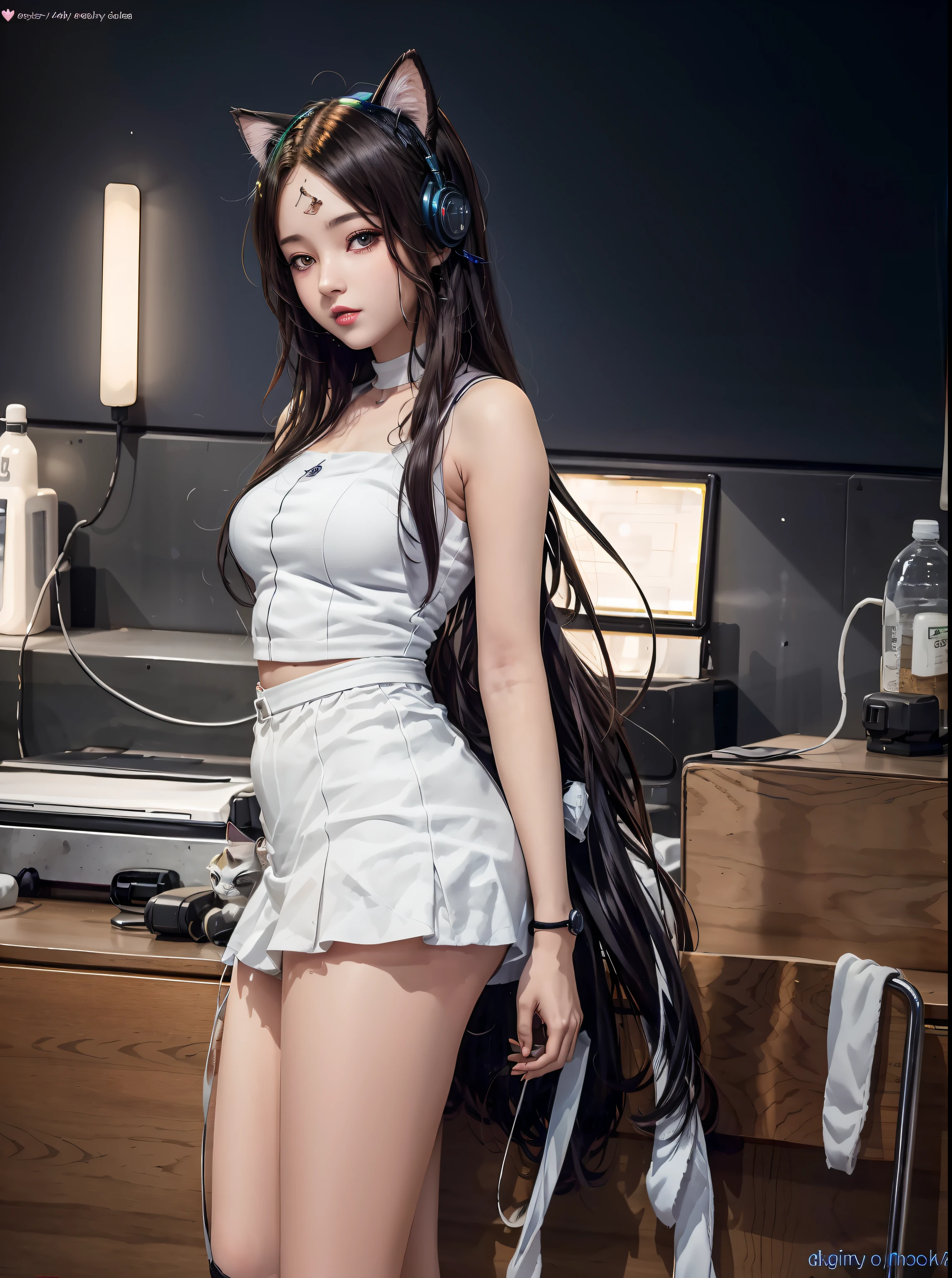 there is a woman in a short skirt posing in a room, seductive anime girl, white cat girl, advanced digital anime art, cyberpunk anime girl, anime barbie in white stockings, cute cyborg girl, digital cyberpunk anime art, anime cyberpunk art, digital cyberpunk - anime art, digital advanced anime art, attractive cat girl, anime style 4 k, very beautiful anime cat girl