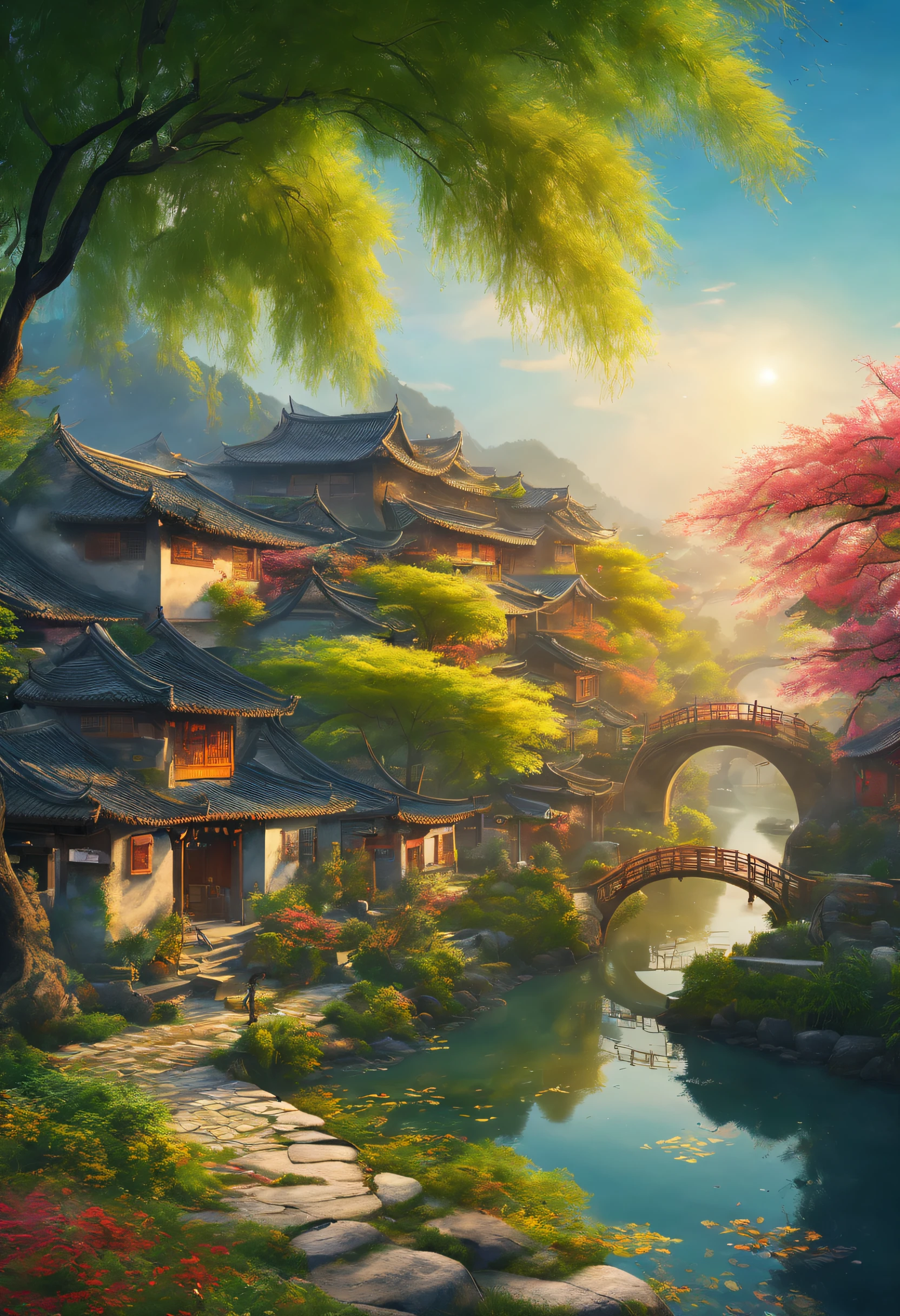 （vibrant with colors），（Semi-realistic），A vibrant riverside scene in ancient China，(Tranquil river water)Show on the(Elegant arch bridge)Oblivity，(Local villagers)'s(Picturesque residence)，（Ming dynasty depiction：1.1），Jiangnan Ancient Town，Small bridges and flowing water，Peaceful farmland outside the bustling city，（Sunny morning:1.2），（fine brushwork：1.1），Dynamic depiction，Panorama of the water's edge，Authentic atmosphere，Vivid authenticity，mesmerizing charm，Rich picture，8K分辨率