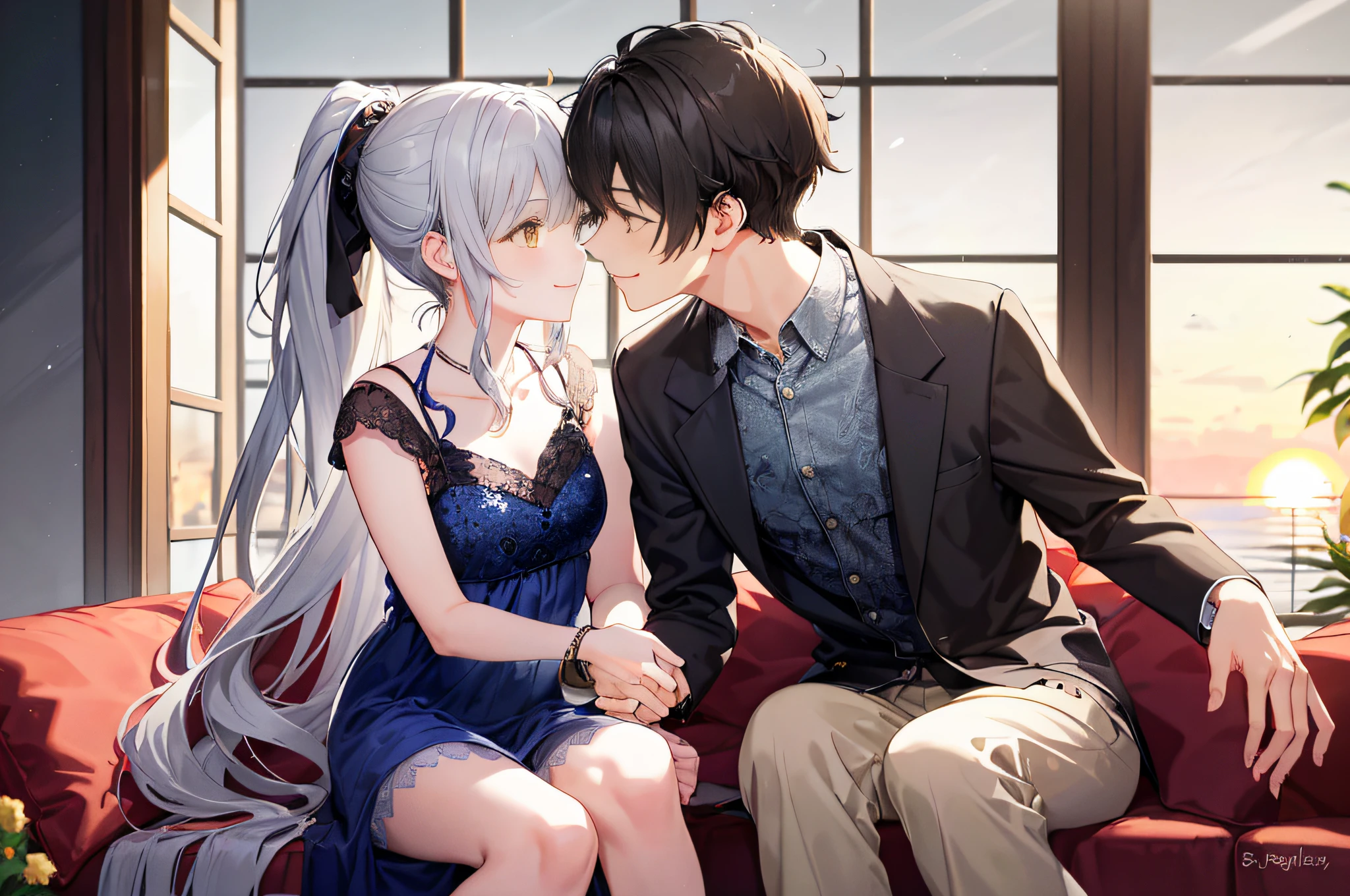 1 brown-eyed male boy with short black hair in full spring suit and 1 long curly and messy wavy silver hair high ponytail yellow eyes writhing girl in full spring dress juliet long slevess smiling, (Boy with girl smiling), (Boy with girl smiling and loviling)