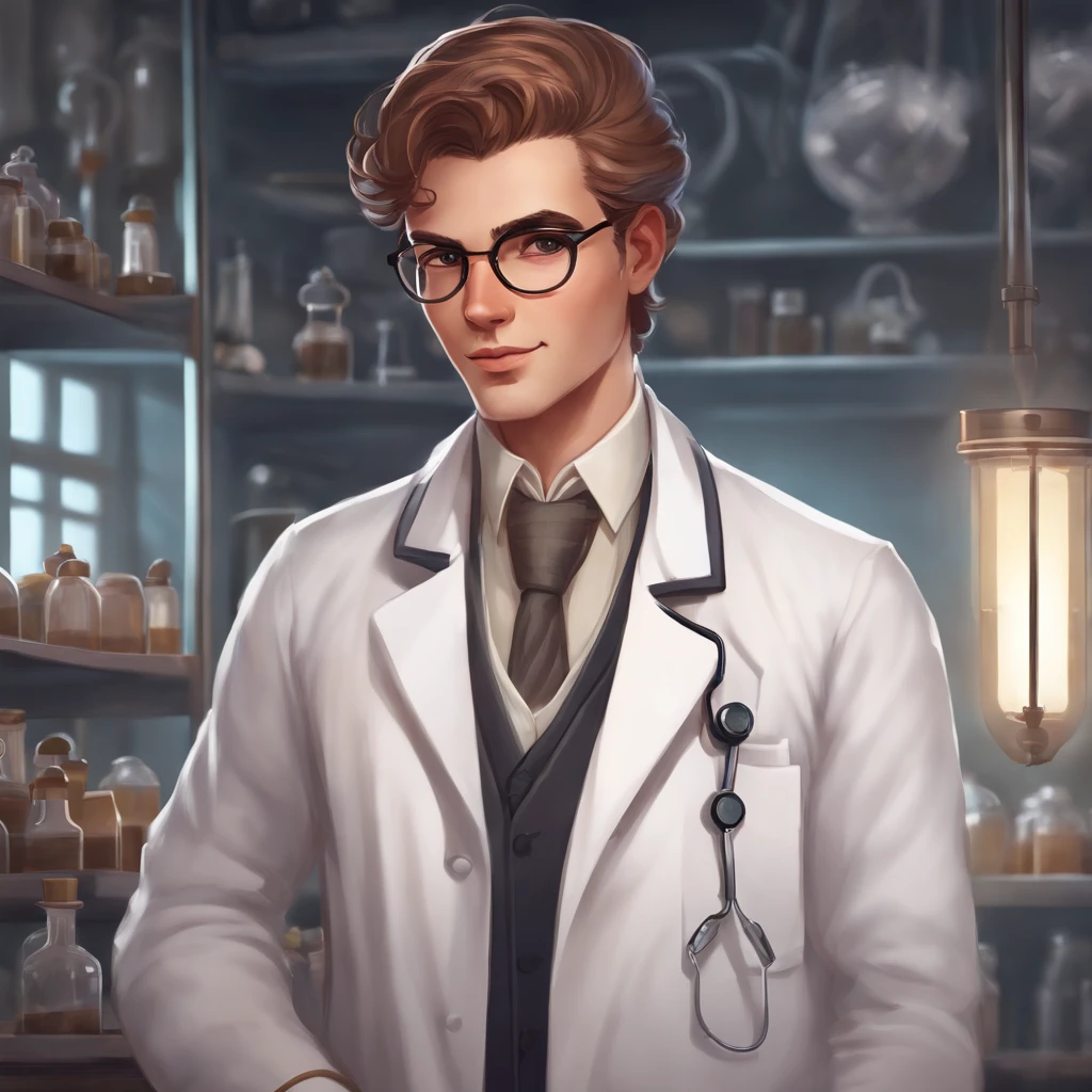 a visual novel character portrait of a quirky scientist in a white coat. neutral pose