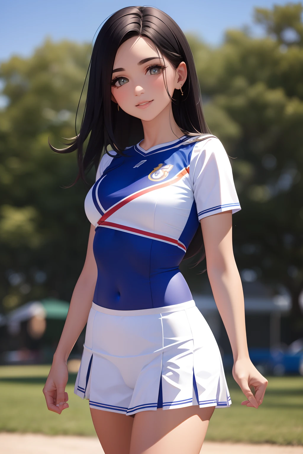 cheeleader,sorrisinho,Leading Crowd,Cheerleader uniform, (((master part))), (((best quality))), ((ultra-detalhado)), (illustration), ((um extremamente delicado e bonito)),(Bokeh,blurry background),(Melhor sombra), 1girl,Calcinha Branca, cabelos pretos, cabelos longos, kawaii,fofo,Loli, brilho Destaque Spot nos olhos, foco no personagem,head tilt,