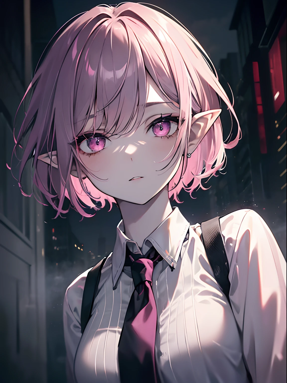 (masterpiece,best quality,ultra-detailed),1girl,short hair,messy hairstyle,black and pink hair,dark hair, pale skin,pointy ears,beautiful and detailed face, detailed eyes, pink shirt,tie,night,fog,street,((grey theme))