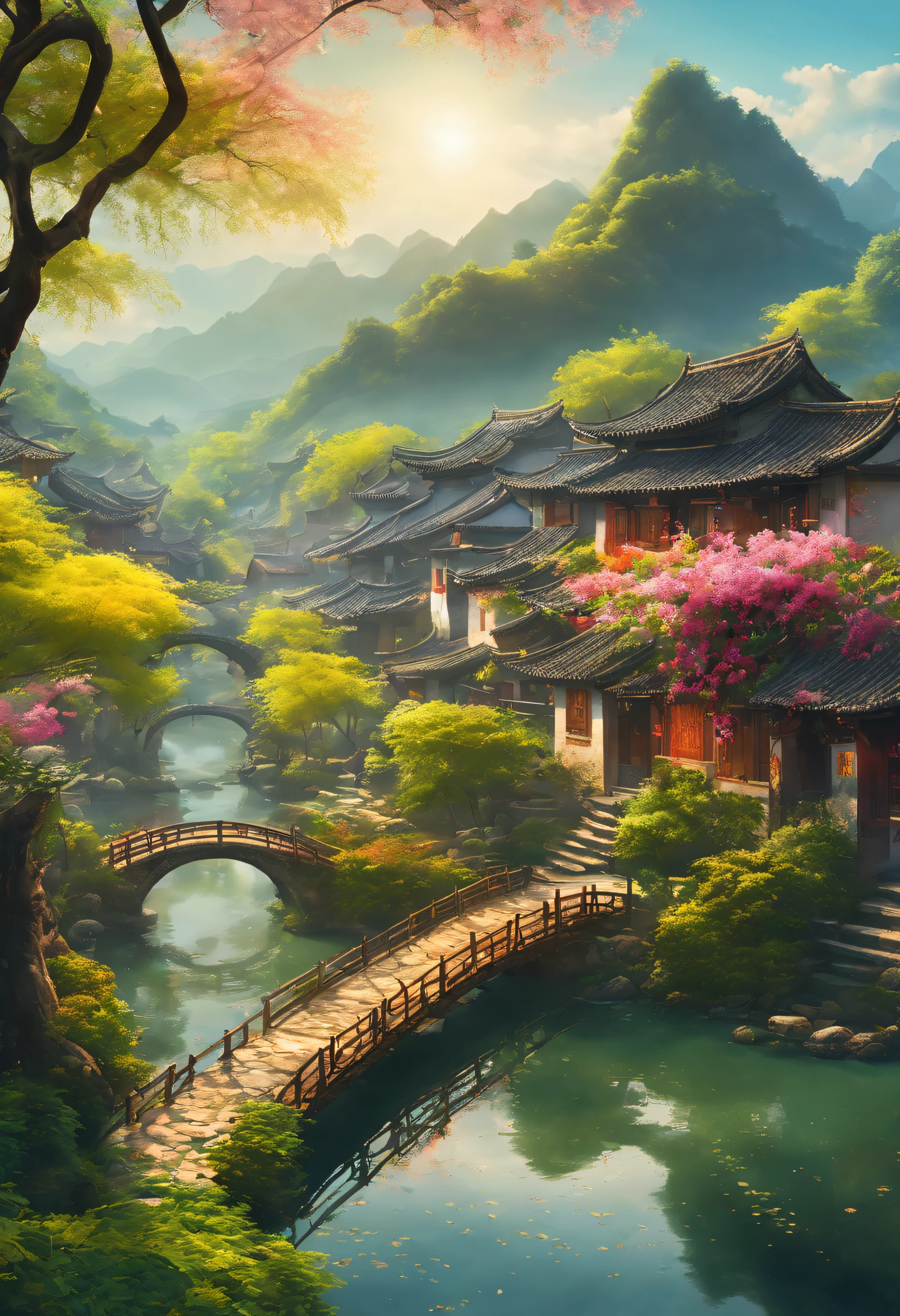 （vibrant with colors），（Semi-realistic），A vibrant riverside scene in ancient China，(Tranquil river water)Show on the(Elegant arch bridge)Oblivity，(Local villagers)'s(Picturesque residence)，（Ming dynasty depiction：1.1），Jiangnan Ancient Town，Small bridges and flowing water，Peaceful farmland outside the bustling city，（Sunny morning:1.2），（fine brushwork：1.1），Dynamic depiction，Panorama of the water's edge，Authentic atmosphere，Vivid authenticity，mesmerizing charm，Rich picture，8K分辨率