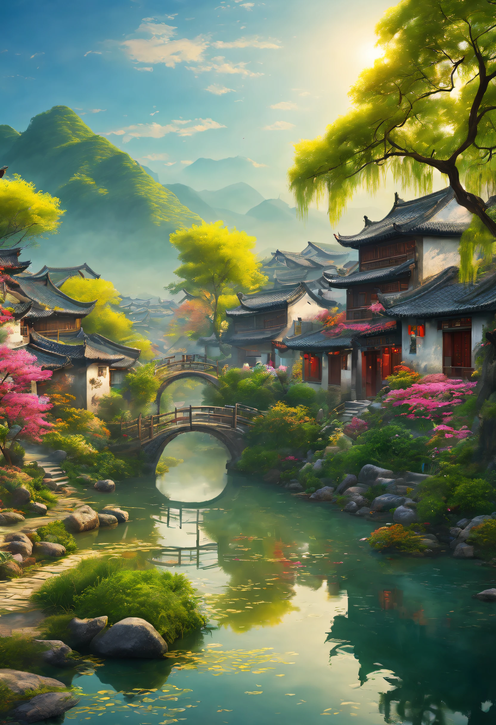 （vibrant with colors），（Semi-realistic），A vibrant riverside scene in ancient China，(Tranquil river water)Show on the(Elegant arch bridge)Oblivity，(Local villagers)'s(Picturesque residence)，（Ming dynasty depiction：1.1），Jiangnan Ancient Town，Small bridges and flowing water，Peaceful farmland outside the bustling city，（Sunny morning:1.2），（fine brushwork：1.1），Dynamic depiction，Panorama of the water's edge，Authentic atmosphere，Vivid authenticity，mesmerizing charm，Rich picture，8K分辨率