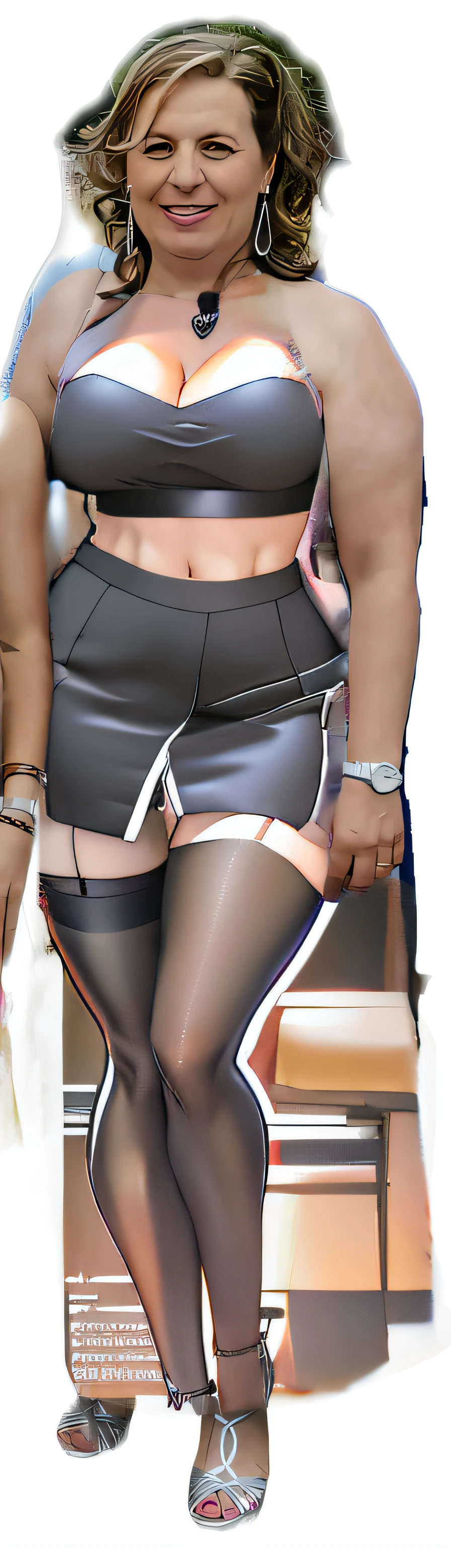 (best quality,highres),sexy, secretary outfit, tight-fitting, large breasts, deep neckline, black mini skirt, tight on thighs, strong legs, black stockings