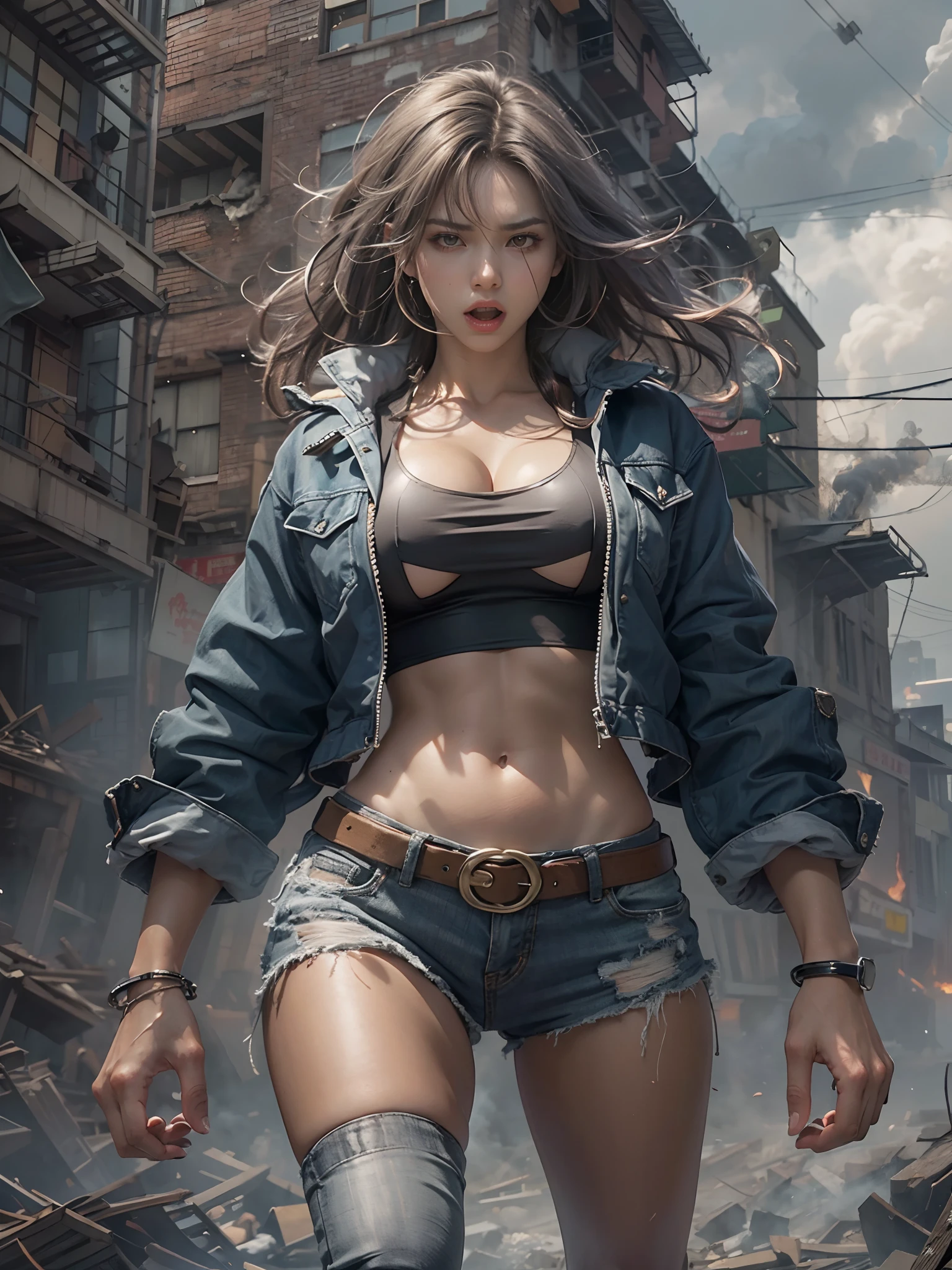 Giant Akari in crop top and jacket, Barefoot, a beauty girl、beautiful countenance、huge tit、beauty legs、well-muscled、athletic bodies, gts city, city buildings, Smoke coming from a broken building, Confront evil black smoke and assimilating monsters、Screaming and fighting、Fighting face、fighting poses