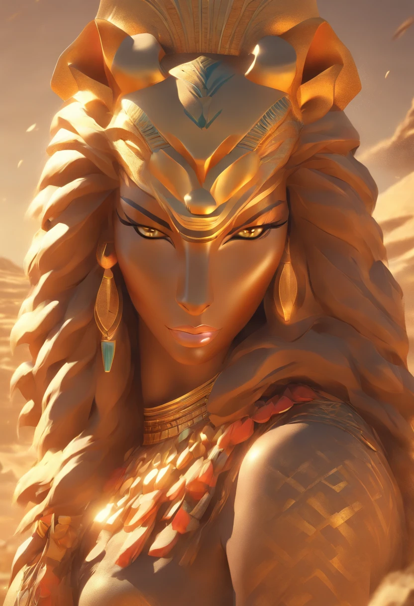 (((SEKHMET))) best quality, ultra-high resolution, 4K detailed CG, master piece, woman, Lioness Goddess, lioness head, Egyptian clothing, EGYPTIAN mythology, desert, aesthetic, ((full body)), standing , Beautiful image, centered