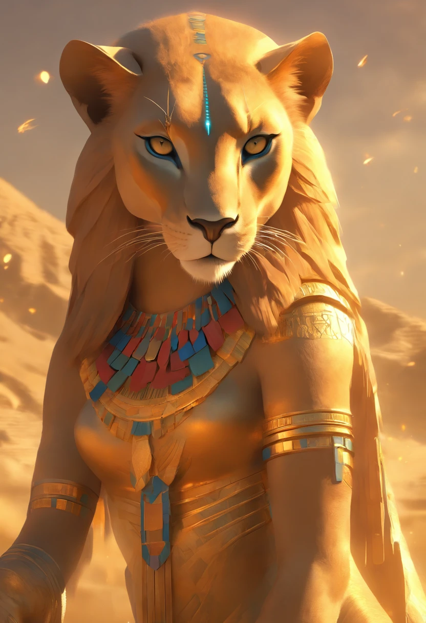 (((SEKHMET))) best quality, ultra-high resolution, 4K detailed CG, master piece, woman, Lioness Goddess, lioness head, Egyptian clothing, EGYPTIAN mythology, desert, aesthetic, ((full body)), standing , Beautiful image, centered