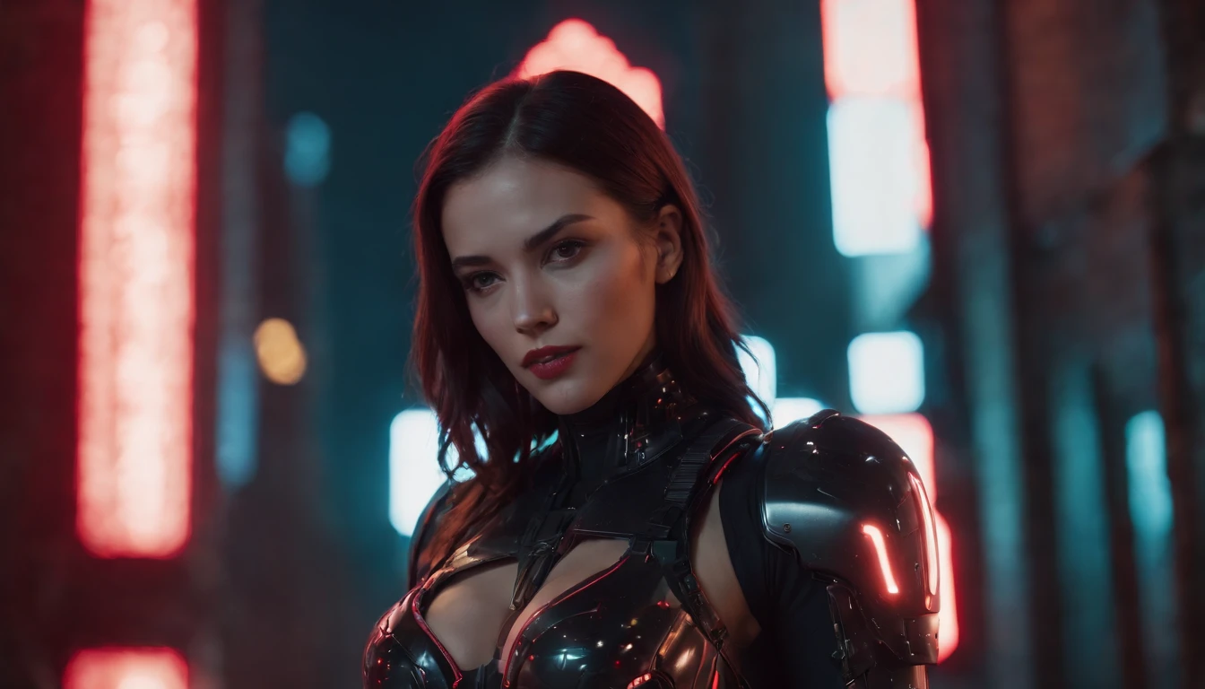 There's a cyborg woman with cyborg elements on her face standing in a cyberpunk city alley at night, darksynth aesthetic, red neons, beautiful woman, haze, foggy night, horror cyberpunk, noir aesthetic, sci fi thriller aesthetic, ultra detailed, photorealistic.