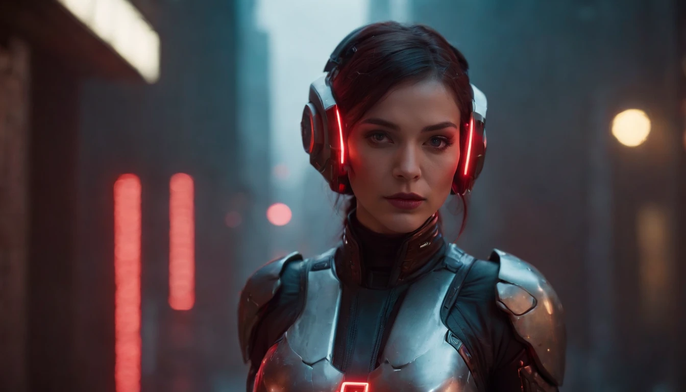 There's a cyborg woman with cyborg helmet standing in a cyberpunk city alley at night, futuristic soldier female tight suit, darksynth aesthetic, red neons, beautiful woman, haze, foggy night, horror cyberpunk, noir aesthetic, sci fi thriller aesthetic, ultra detailed, photorealistic.