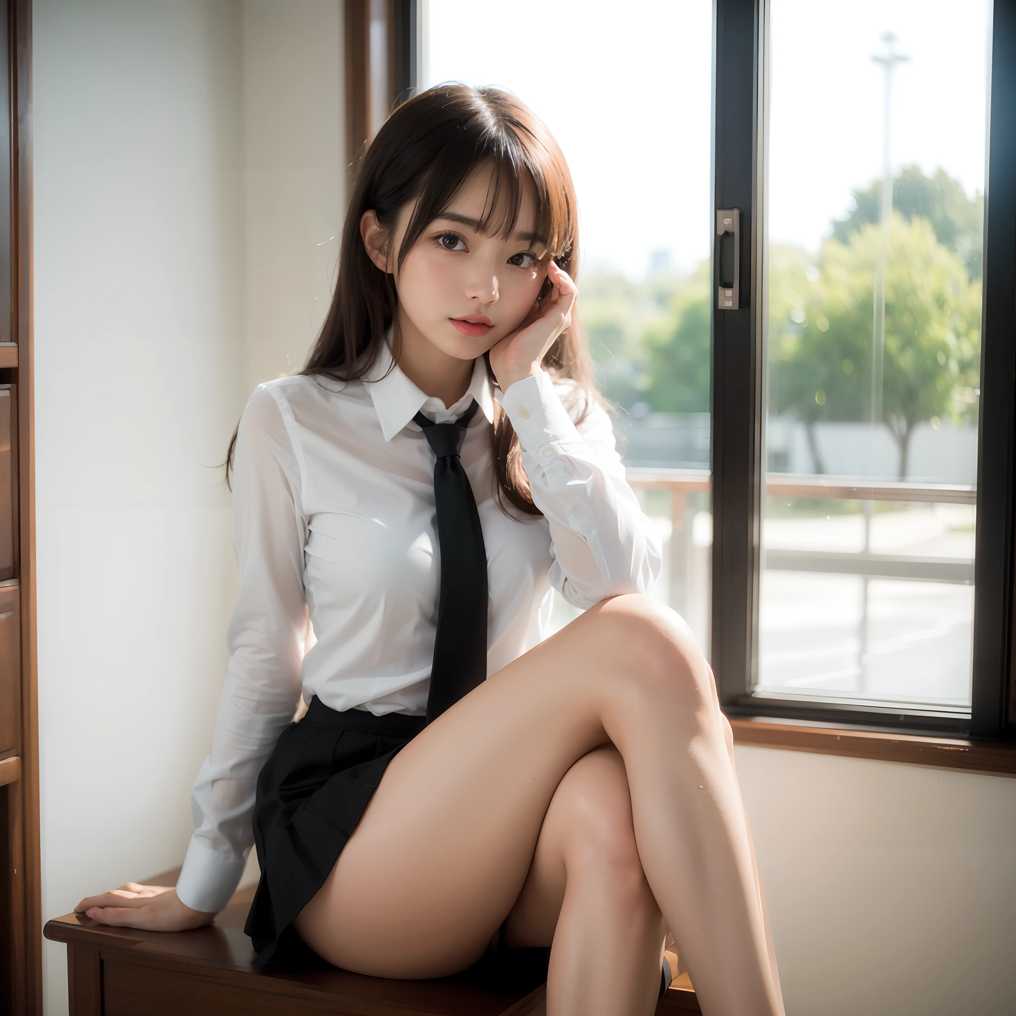 (Prominence in Masterpiece, Best Quality: 1.2), solo, 1 girl, Miku nakano, serious, mouth closed, looking at viewer, hand on face, sitting, legs crossed, collared shirt, tie up, skirt, stockings , big thighs, big breasts)