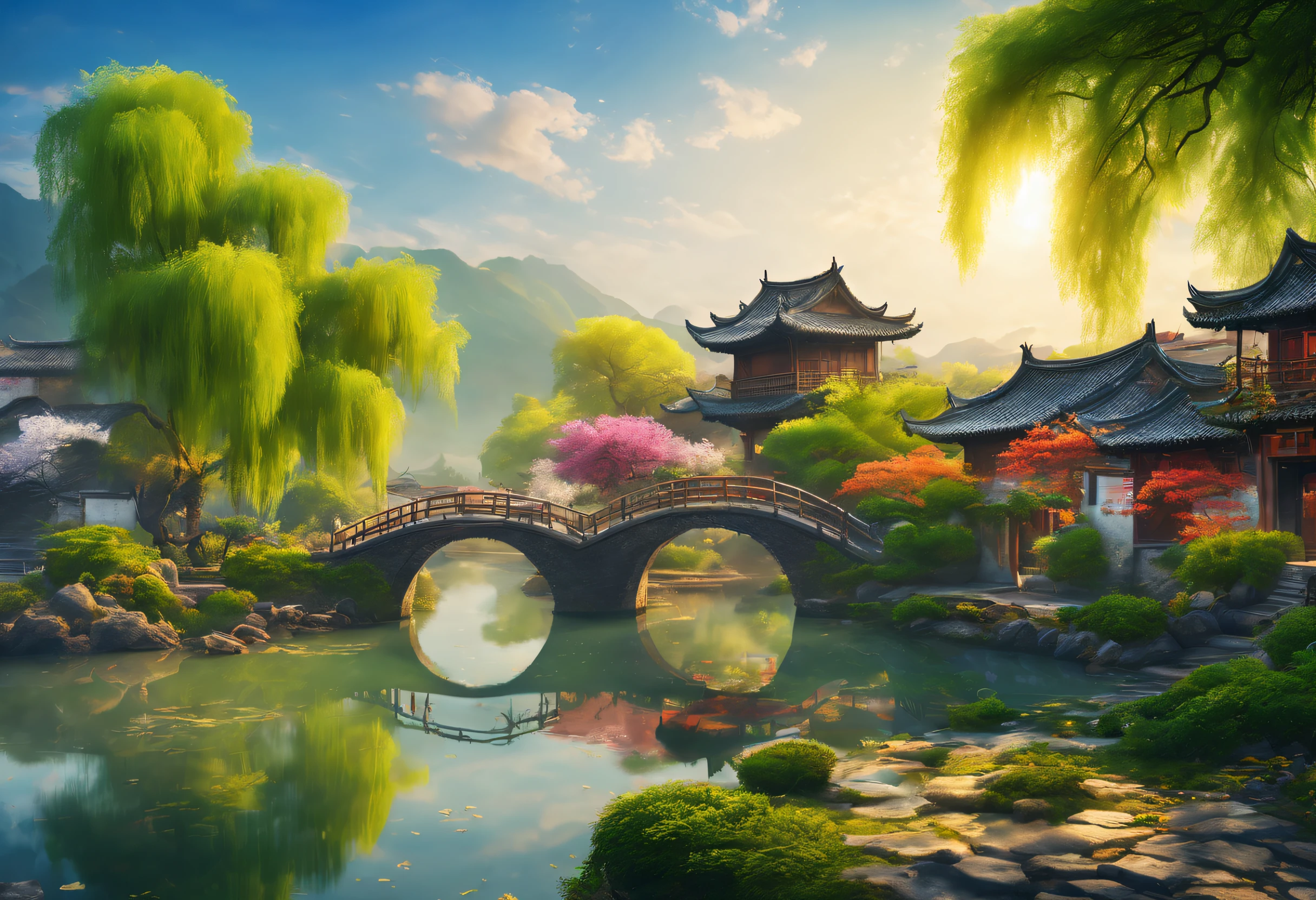 （vibrant with colors）, （Semi-realistic）, A vibrant riverside scene in ancient China, (Tranquil river water)Show on the(Elegant arch bridge)Oblivity, (Local villagers)'s(Picturesque residence), （Ming dynasty depiction：1.1）, Jiangnan Ancient Town, Small bridges and flowing water, Peaceful farmland outside the bustling city, （Sunny morning:1.2）, （fine brushwork：1.1）, Dynamic depiction, Panorama of the water's edge, Authentic atmosphere, Vivid authenticity, mesmerizing charm, Rich picture, 8K分辨率, 1.4x realism, Art Deco, projected inset, Sony FE GM, Wide-Angle, super detail, best quality, highres