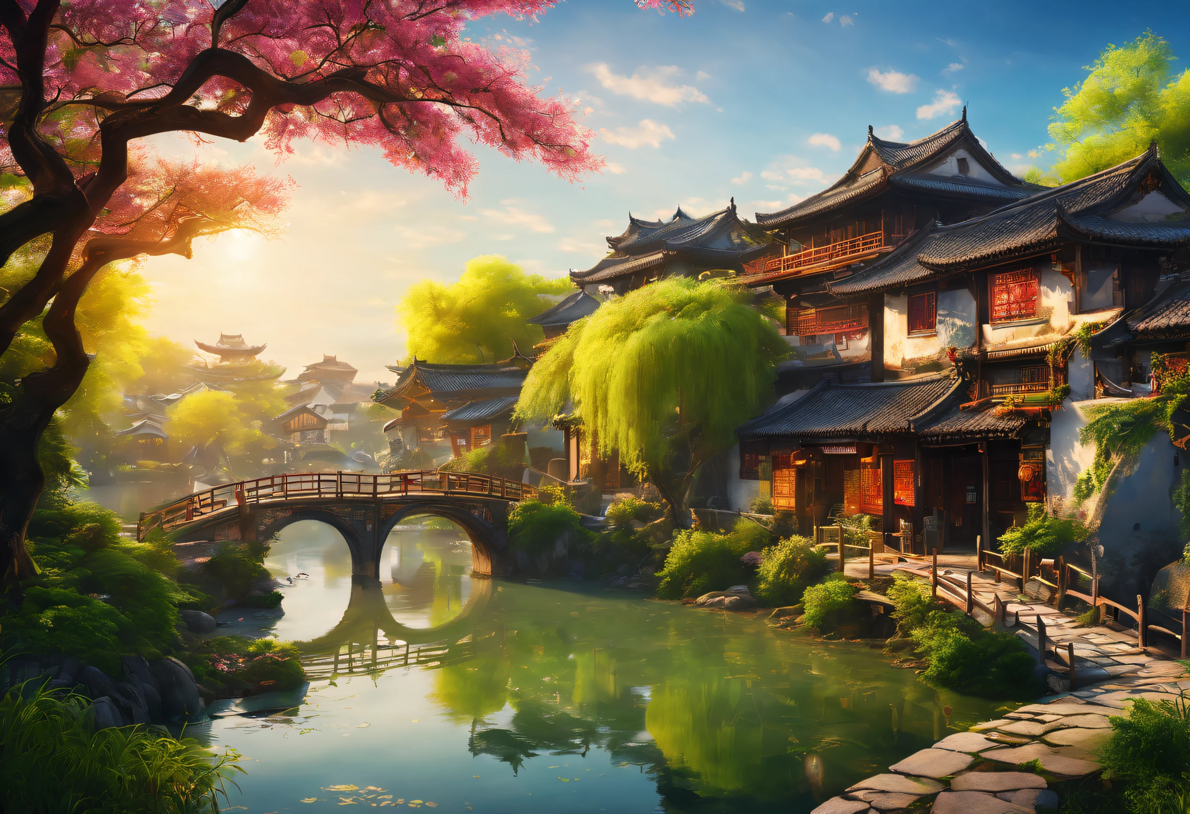 (vibrant with colors), (Semi-realistic), A vibrant riverside scene in ancient China, (Tranquil river water)Show on the(Elegant arch bridge)Oblivity, (Local villagers)'s(Picturesque residence), (Ming dynasty depiction:1.1), Jiangnan Ancient Town, Small bridges and flowing water, Peaceful farmland outside the bustling city, (Sunny morning:1.2), (fine brushwork:1.1), Dynamic depiction, Panorama of the water's edge, Authentic atmosphere, Vivid authenticity, mesmerizing charm, Rich picture, 8K分辨率, 1.4x realism, Art Deco, projected inset, Sony FE GM, Wide-Angle, super detail, best quality, highres