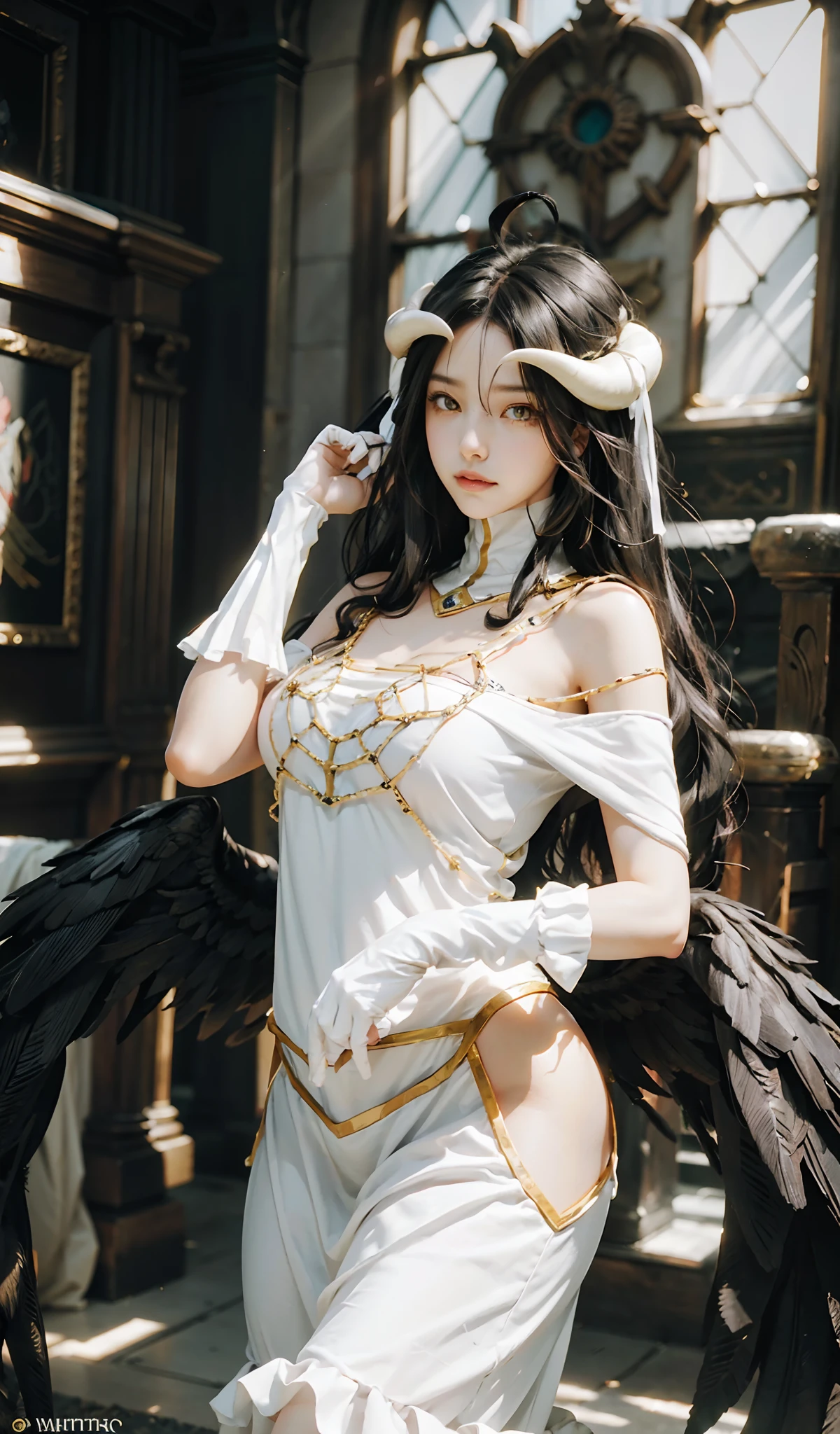 anime, hdr, soft light, ((best quality)), ((masterpiece)), (detailed), albedow, black hair, hair between the eyes, yellow eyes, white horns, ahoge , black wings, (low wings: 1.1), captivating pose, smile, parted lips, looking at viewer, white dress, hip ventilation, white gloves, indoors, luxurious, throne, stone floor