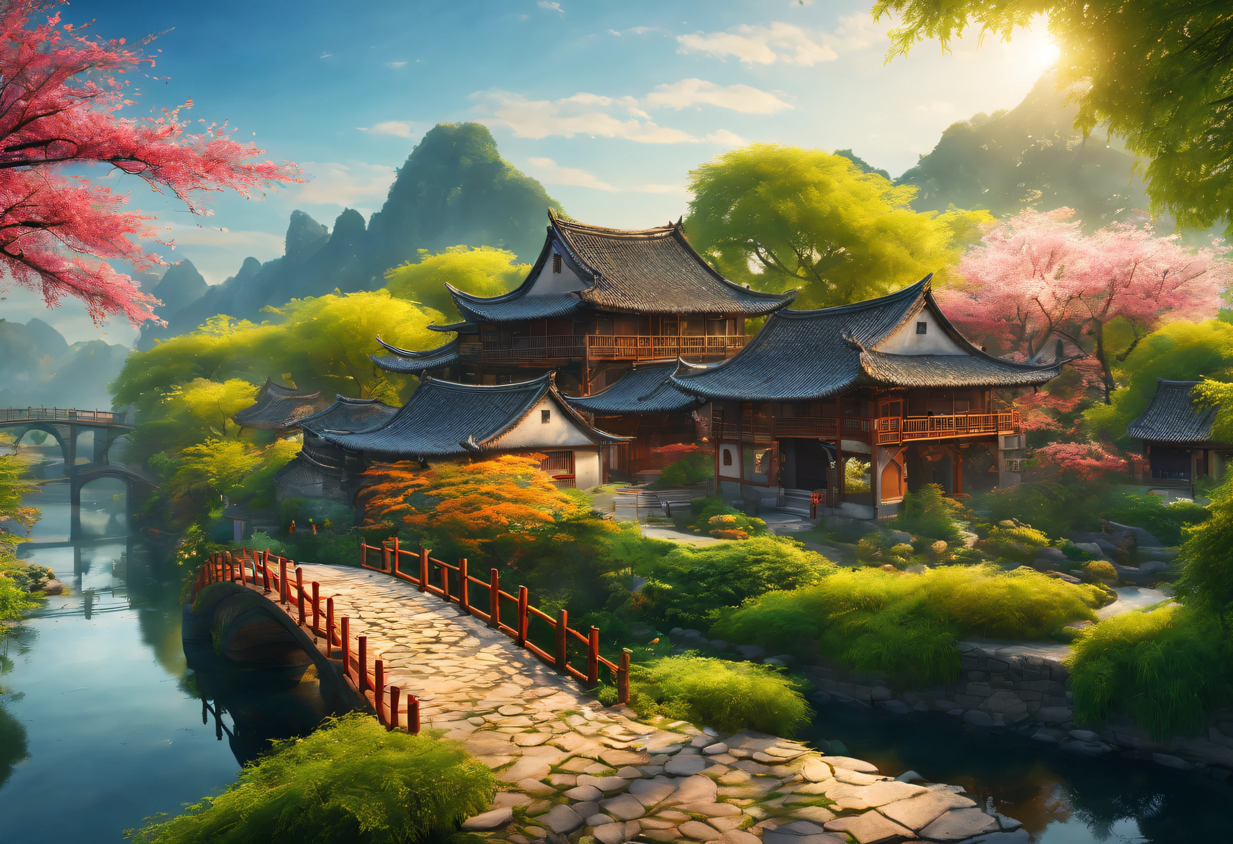 （vibrant with colors）, （Semi-realistic）, A vibrant riverside scene in ancient China, (Tranquil river water)Show on the(Elegant arch bridge)Oblivity, (Local villagers)'s(Picturesque residence), （Ming dynasty depiction：1.1）, Jiangnan Ancient Town, Small bridges and flowing water, Peaceful farmland outside the bustling city, （Sunny morning:1.2）, （fine brushwork：1.1）, Dynamic depiction, Panorama of the water's edge, Authentic atmosphere, Vivid authenticity, mesmerizing charm, Rich picture, 8K分辨率, 1.4x realism, Art Deco, projected inset, Sony FE GM, Wide-Angle, super detail, best quality, highres