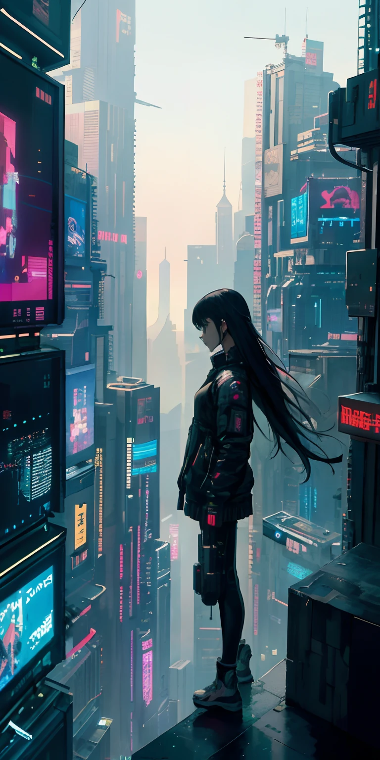 top-quality))、((​masterpiece)、Cyberpunk City、Depiction of a girl looking down on the cityscape below from a skyscraper、Cyberpunk Fashion