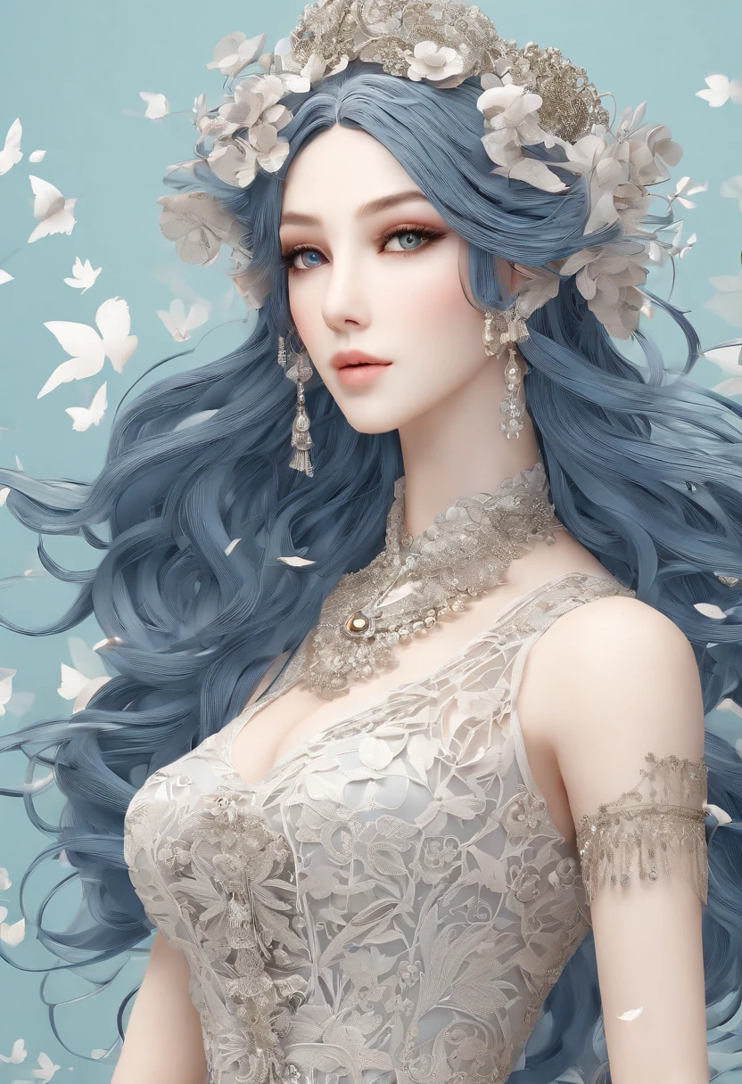 The best quality, high resolution, detailed 4k CG, masterpiece, amazing art, fine details, high details, complex details, blue long hair, girly feeling, big eyes, pure desire, lovely, young and beautiful,Beauty with pubic hair,Expose navel,Shy girl,Big chest,Untidy clothes