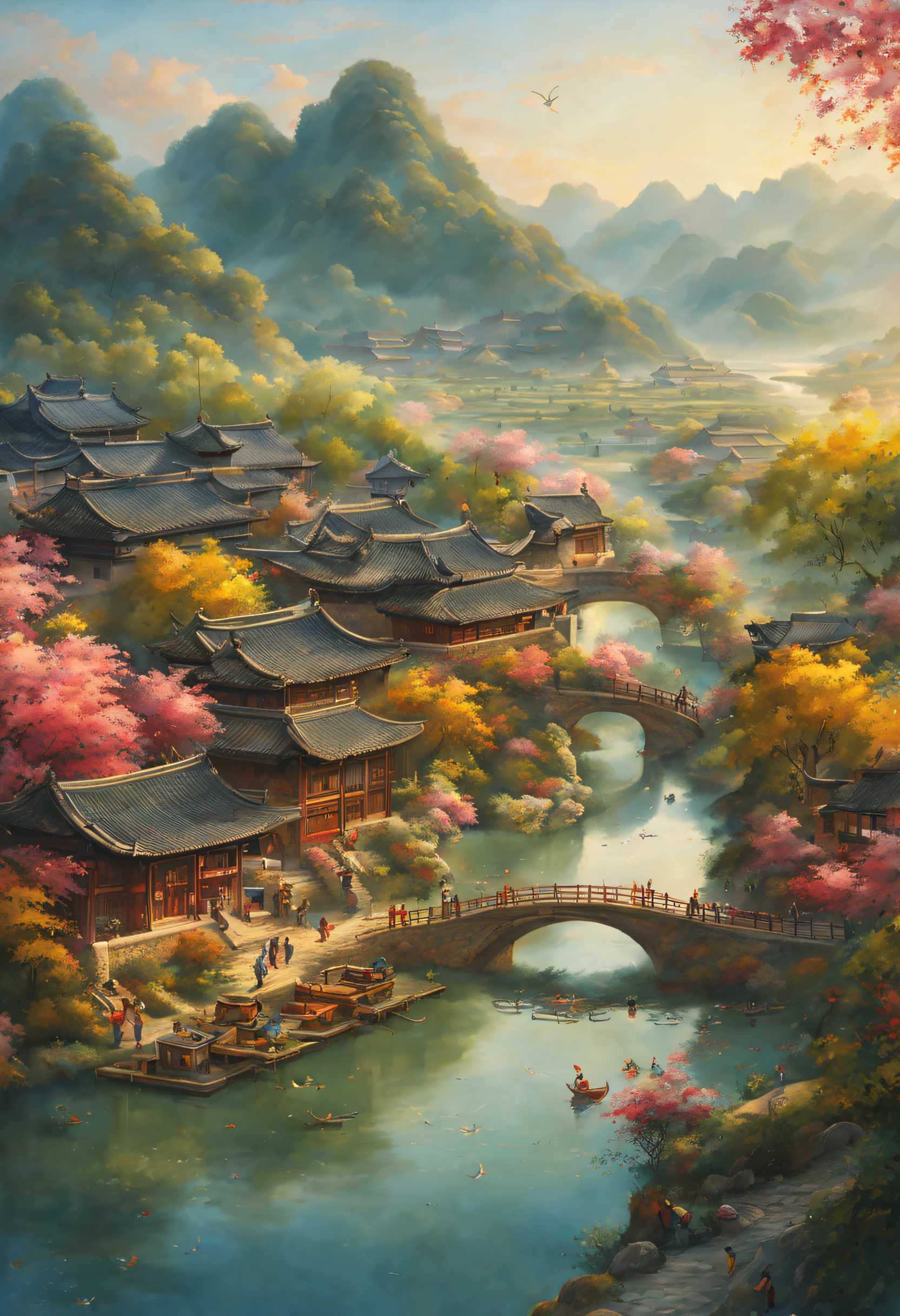 （vibrant with colors），（Semi-realistic），A vibrant riverside scene in ancient China，(Tranquil river water)Show on the(Elegant arch bridge)Oblivity，(Local villagers)'s(Picturesque residence)，（Depicted in the Tang Dynasty：1.1），Vendors selling fresh fish，Peaceful farmland outside the bustling city，（Sunny morning:1.2），（fine brushwork：1.1），Dynamic depiction，Panorama of the water's edge，Authentic atmosphere，Vivid authenticity，mesmerizing charm，Rich picture，8K分辨率