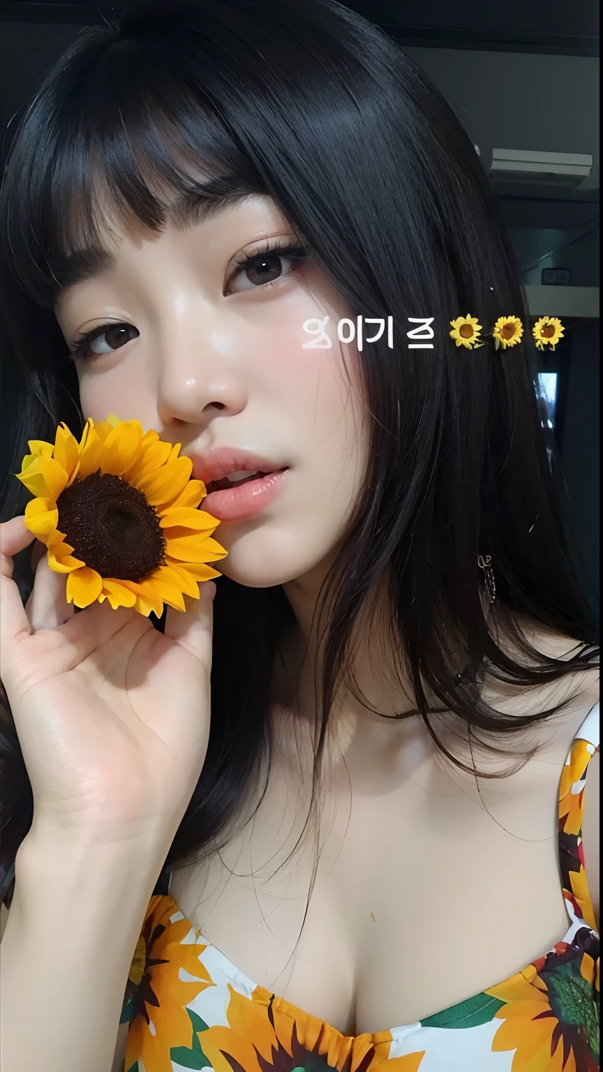 A closeup of a woman holding a sunflower in her hand, Dom Yunjoo, Jaeyeon Nam, Ulzzang, Jinyoung Canela, Bae Suzy, Heonhwa Choe, Kim Doyoung, quente com sol brilhante, wan adorable korean face, Lee Ji - Eun, Lee Ji-eun, com flores, menina coreana, Gongbi