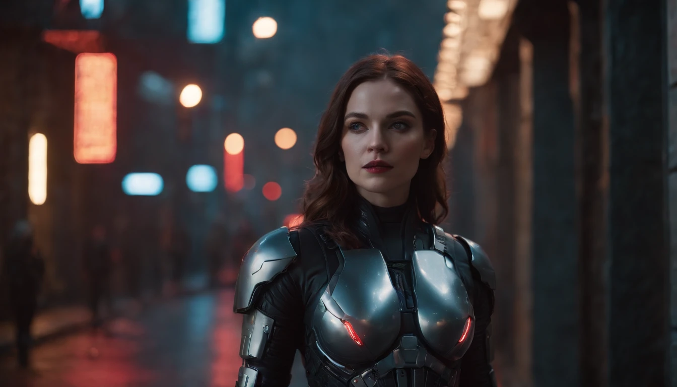 There's a cyborg woman with cyborg elements on her face (blue eyes) standing in a cyberpunk city alley at night, darksynth aesthetic, red neons, beautiful woman, haze, foggy night, ultra detailed, photorealistic.