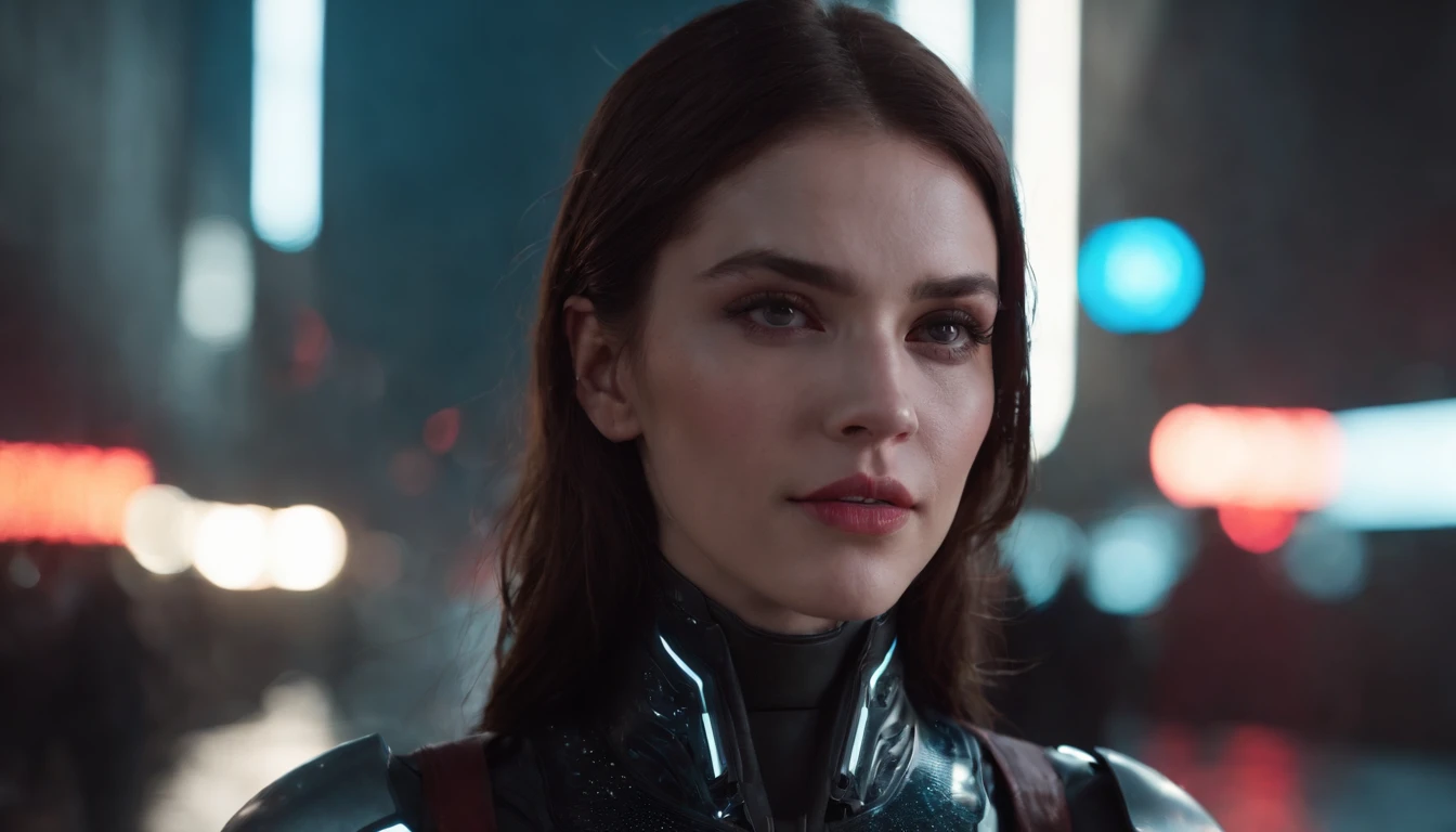There's a cyborg woman with cyborg elements on her face standing in a cyberpunk city alley at night, futuristic soldier female tight suit, dark knight movie aesthetic, darksynth aesthetic, red neons, beautiful woman, haze, foggy night, horror cyberpunk, noir aesthetic, sci fi thriller aesthetic, ultra detailed, photorealistic.