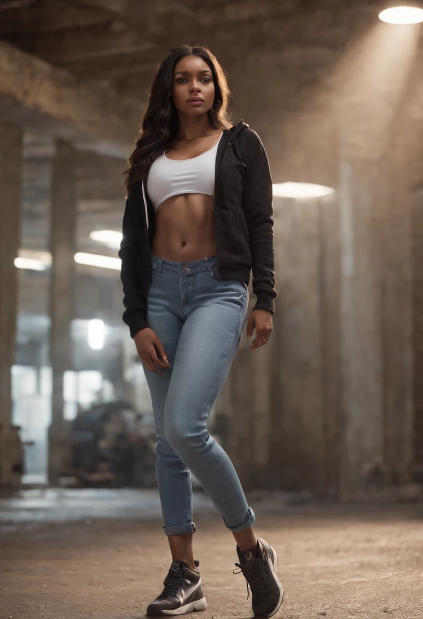 (black woman:1.5)、(Black skin),Emilicia Gomez, tall, beautiful model、Gorgeous, Spanish descent, Age 23, Smooth skin, Black hair. small tits, hotpants, Simple Silver Cross Necklace, Work in an underground base, Highly detailed, with light glowing, 8K, Checking artifacts, Amazing detail, stand full body Esbian、Dynamic Pose, wearing hoodie and jeans