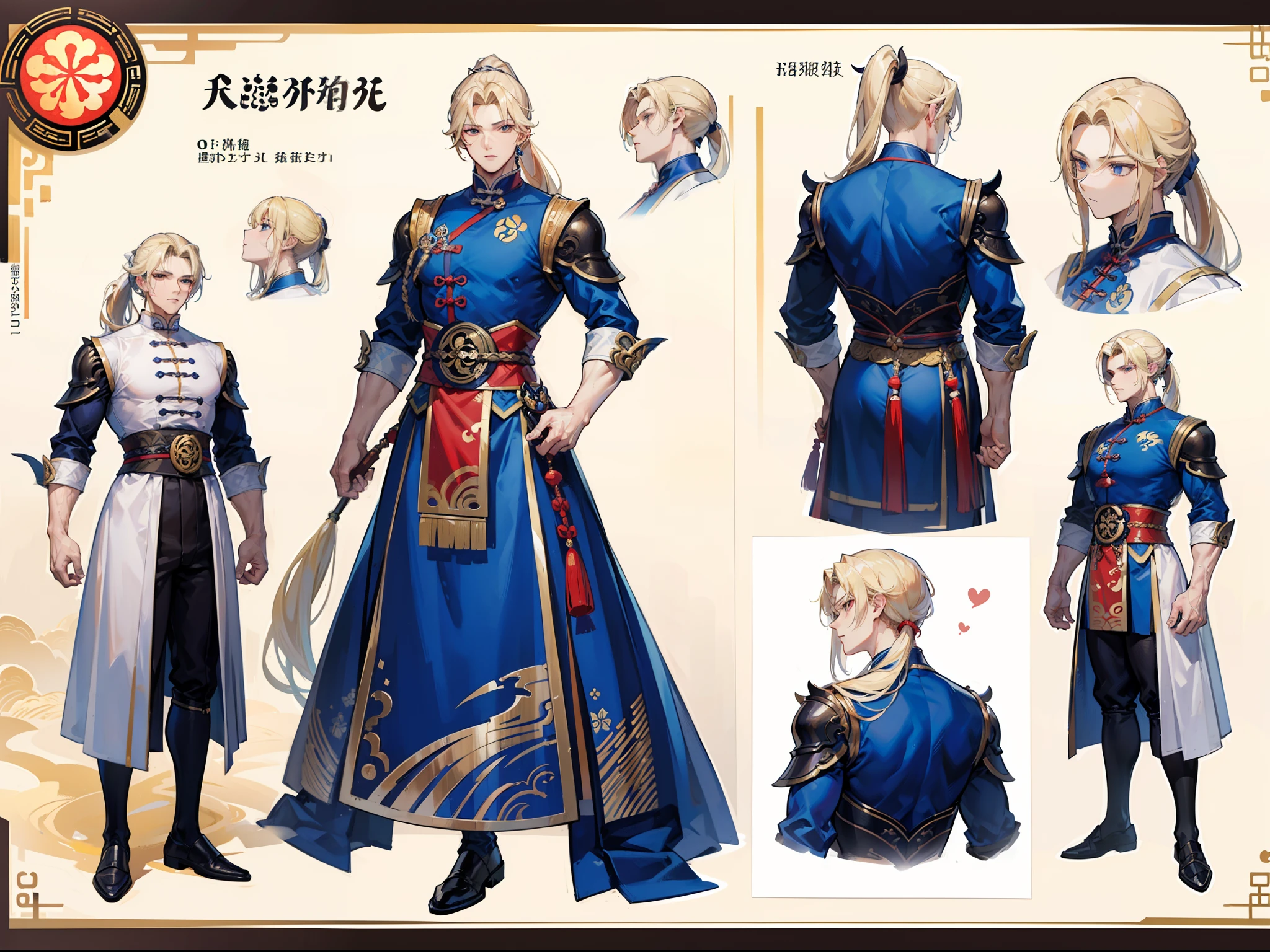 ((Masterpiece, Highest quality)), Detailed face, character design sheet, full bodyesbian, Full of details, frontal body view, back body view, Highly detailed, Depth, Many parts, Muscle boy with ponytail long blonde hair,handsome man, muscle body, Traditional chinese clothes, Genshin Impact, man tall,