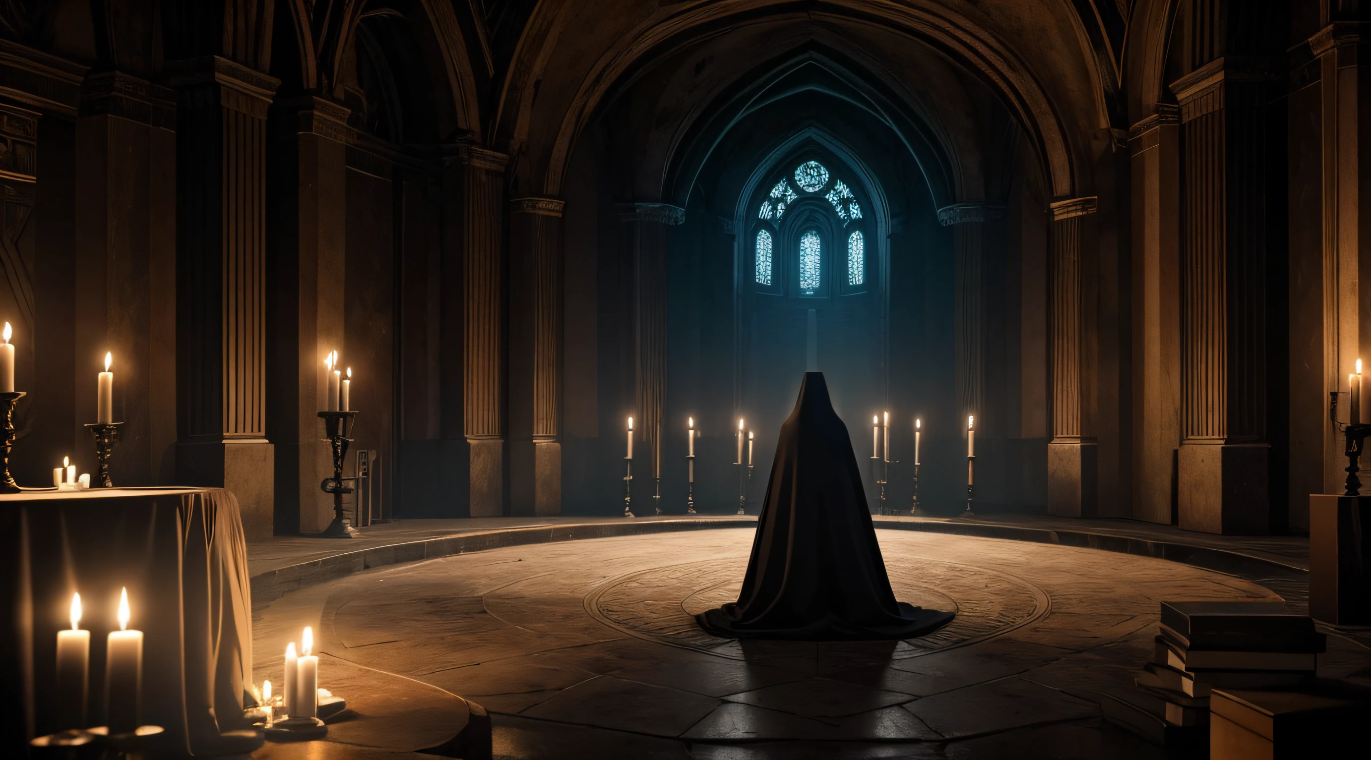 em um antigo templo, escuro e sombrio, Hooded people make a circle with candles, em um ritual macabro e sombrio, dark and damp place, com rachaduras nas paredes e pisos molhados, altamente detalhado, Volumetric lights, sombras fortes, Ambient occlusion, HDR, Ultra realista, cinemactic