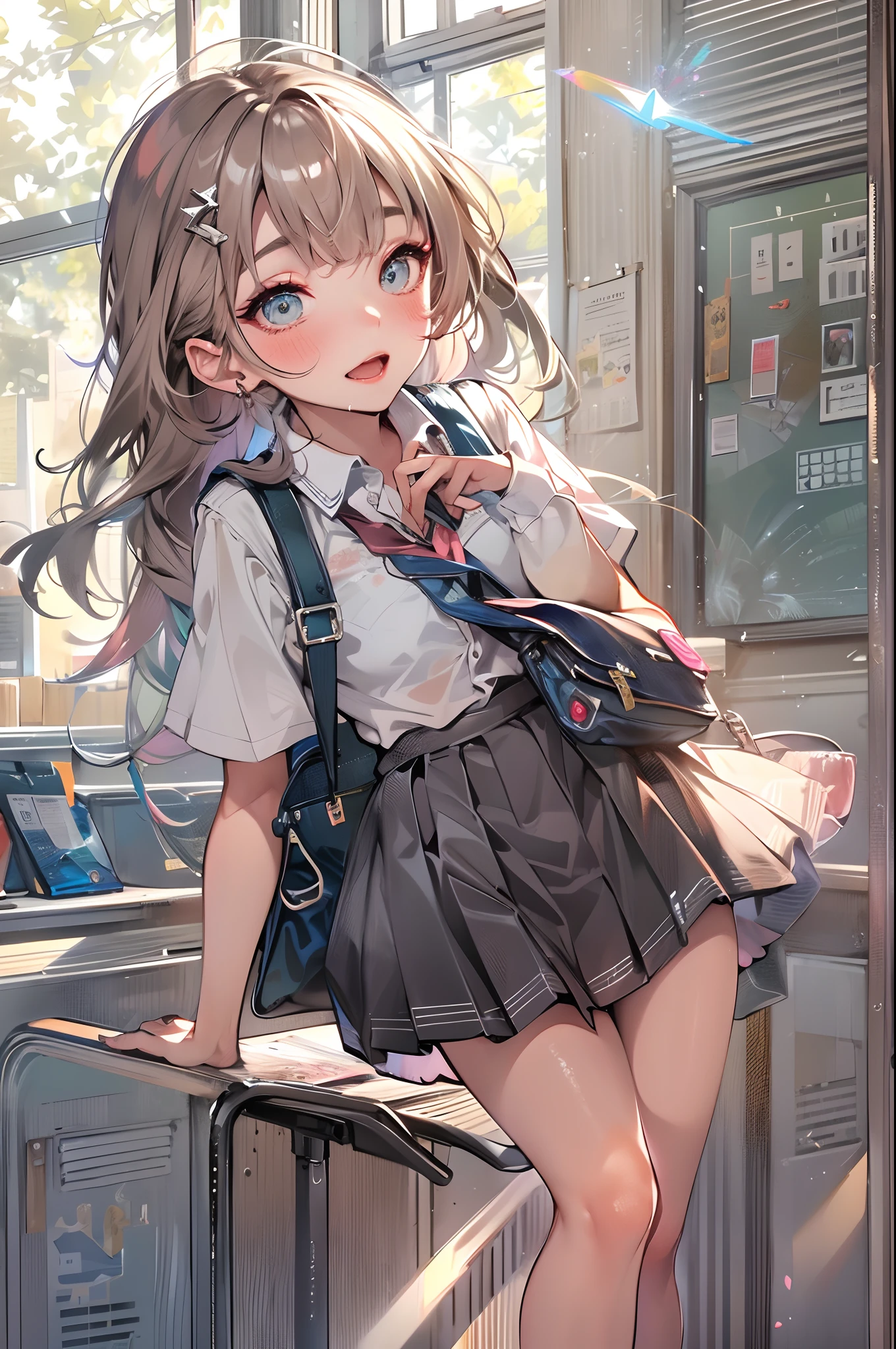 wide angles, 1girll, Lips, Open mouth, ahegao, saliva, Blush, Makeup, Light smile, thought provoking, angle of view, From below, standing, school uniform, indoor, Classroom, bookbag, Light rays, Glow, Thighs, 鎖骨, (Masterpiece), the wallpaper,