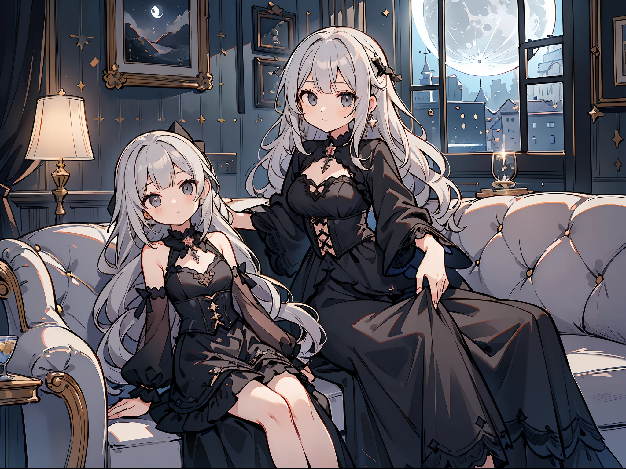 Best Quality, masutepiece, (Multiple girls:1.2), my, (slender:1.3), medium breasts, (Gray hair:1.3), Wavy Hair, (oblique bangs:1.3), (Twin-tailed:1.3), (Detailed black eyes:1.3), Sense of depth, earrings, lightsmile, (Moonlight penetrates the clouds:1.1), (Lunar sky:1.4), Star, Horizontal view, (Gothic sofa:1.3), (Black sofa:1.2), (Black window:1.3), (black interior:1.2), (Gorgeous room:1.5), (Looking at Viewer:1.4),